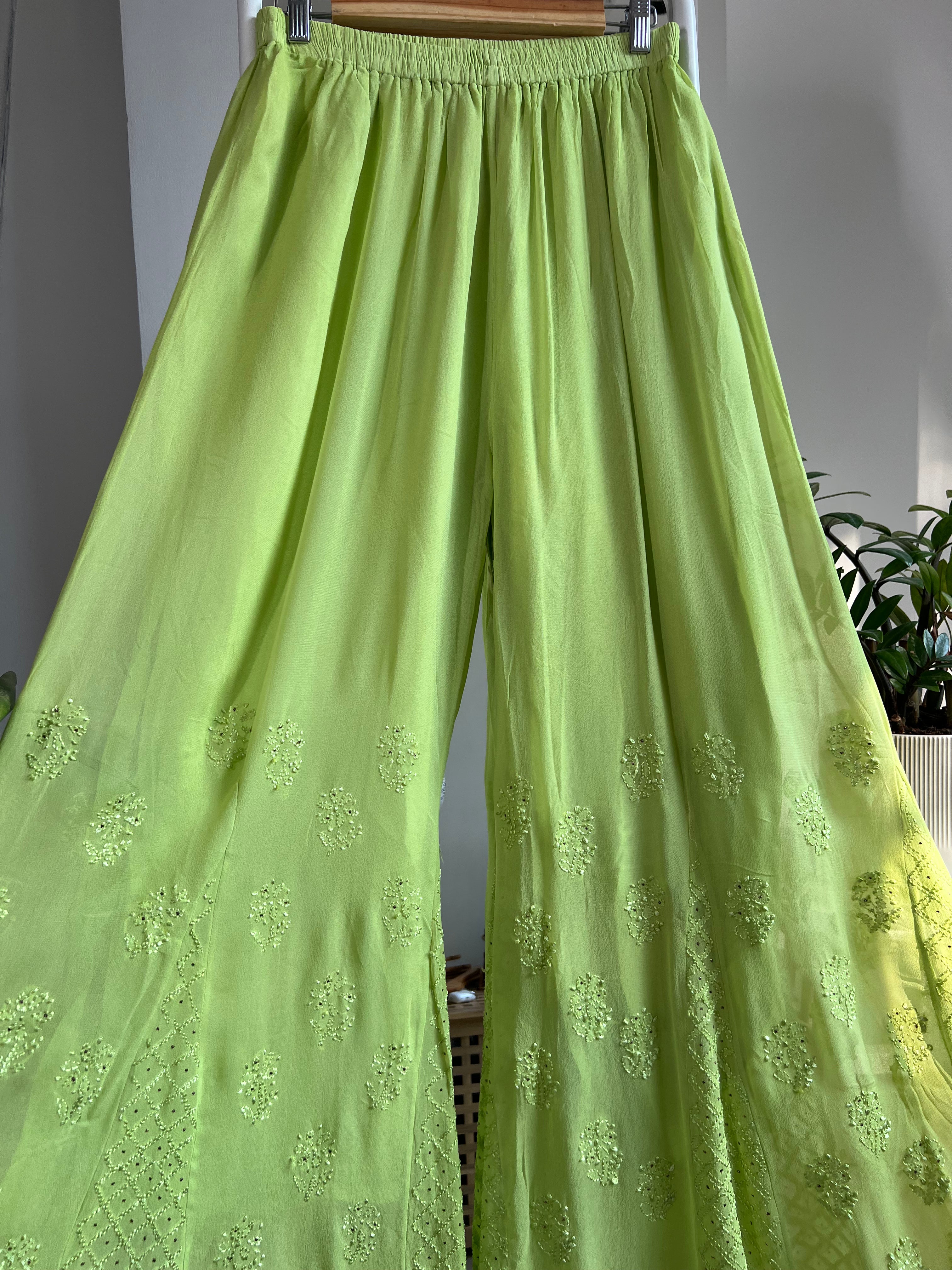 Chikankari Plazzo with mukaish - Flare - Bright Green ARIAA CHIKANKARI 