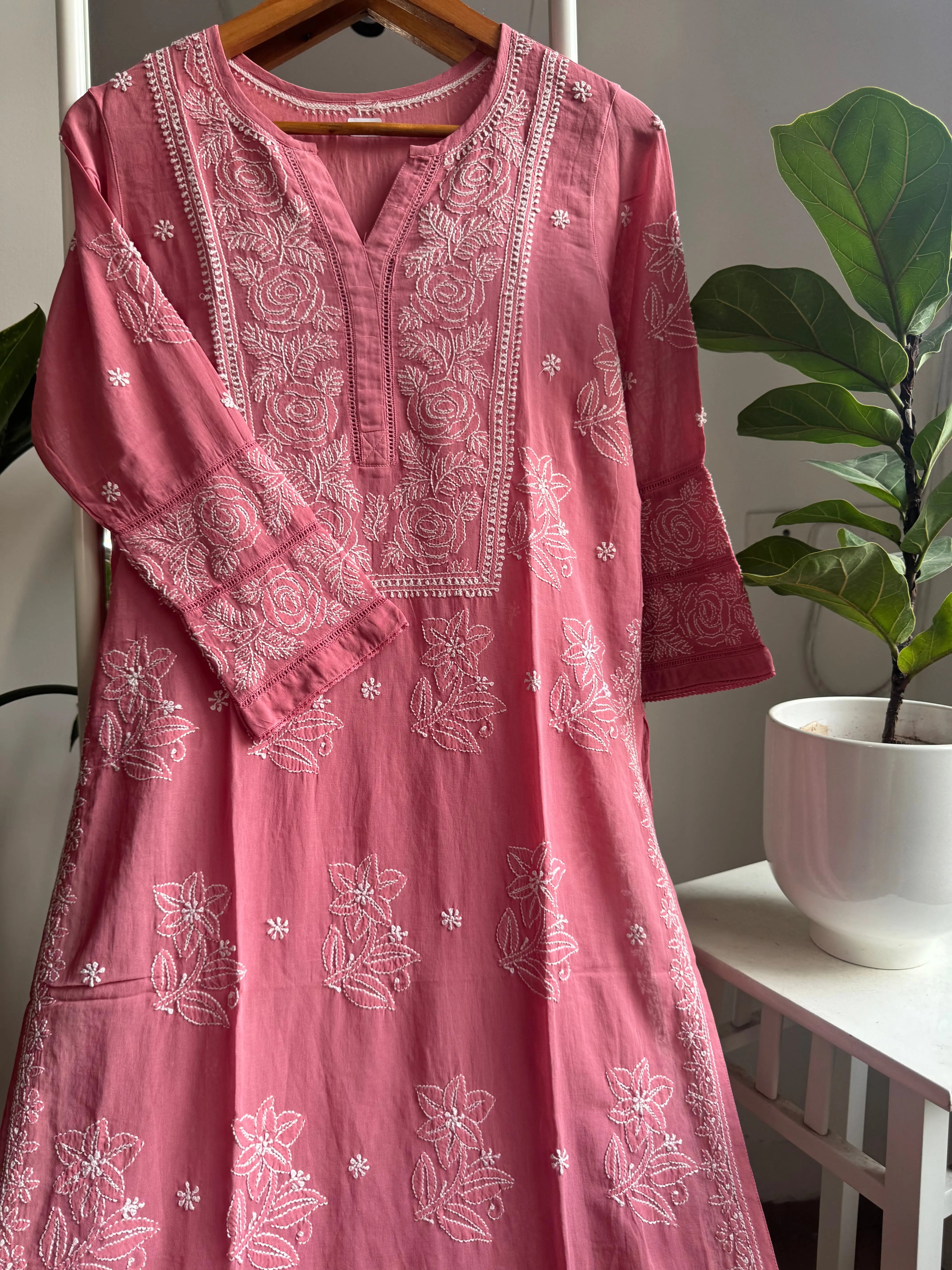 Mul Cotton Chikankari Kurti - Rosewood ARIAA CHIKANKARI 