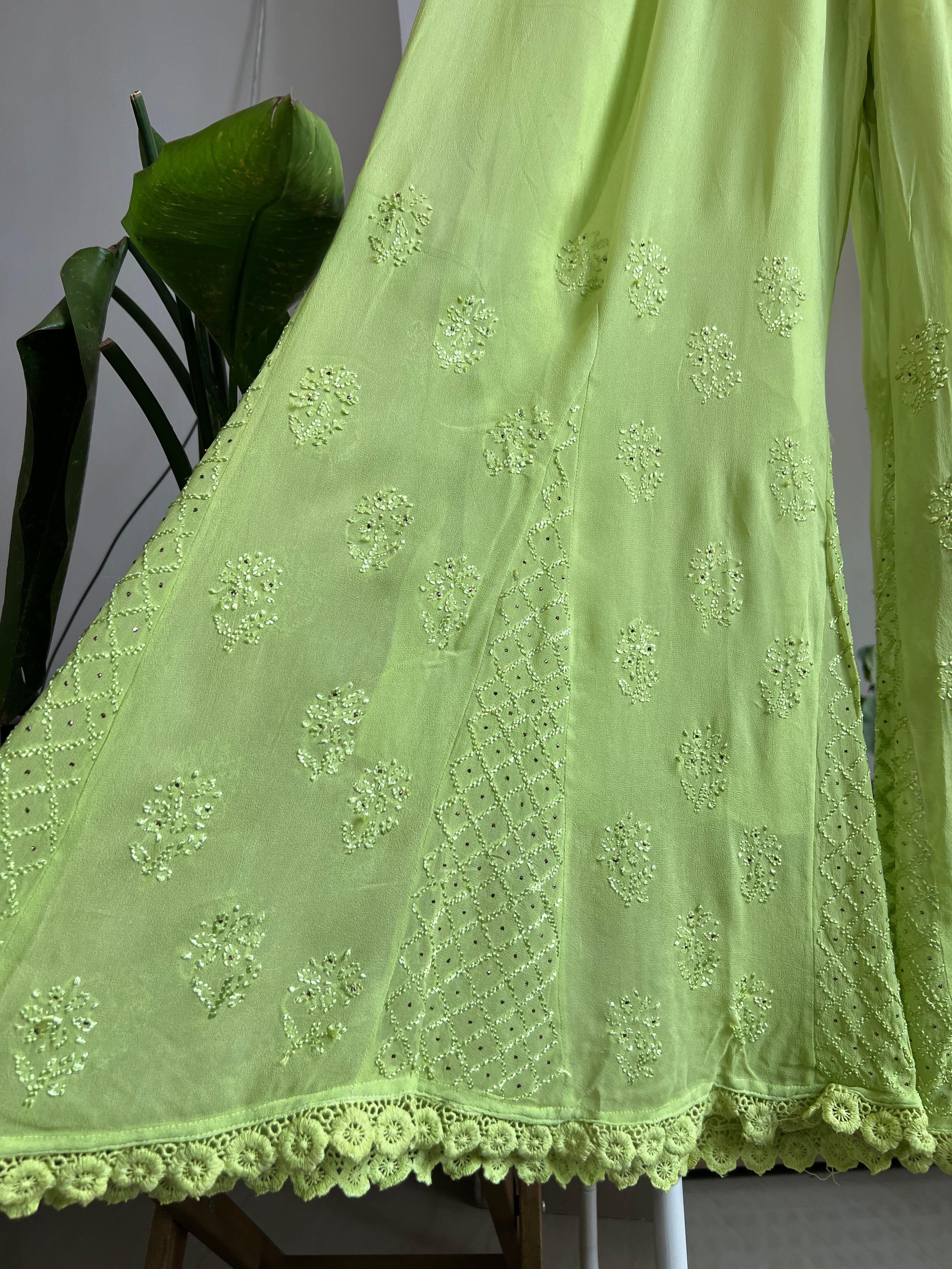 Chikankari Plazzo with mukaish - Flare - Bright Green ARIAA CHIKANKARI 