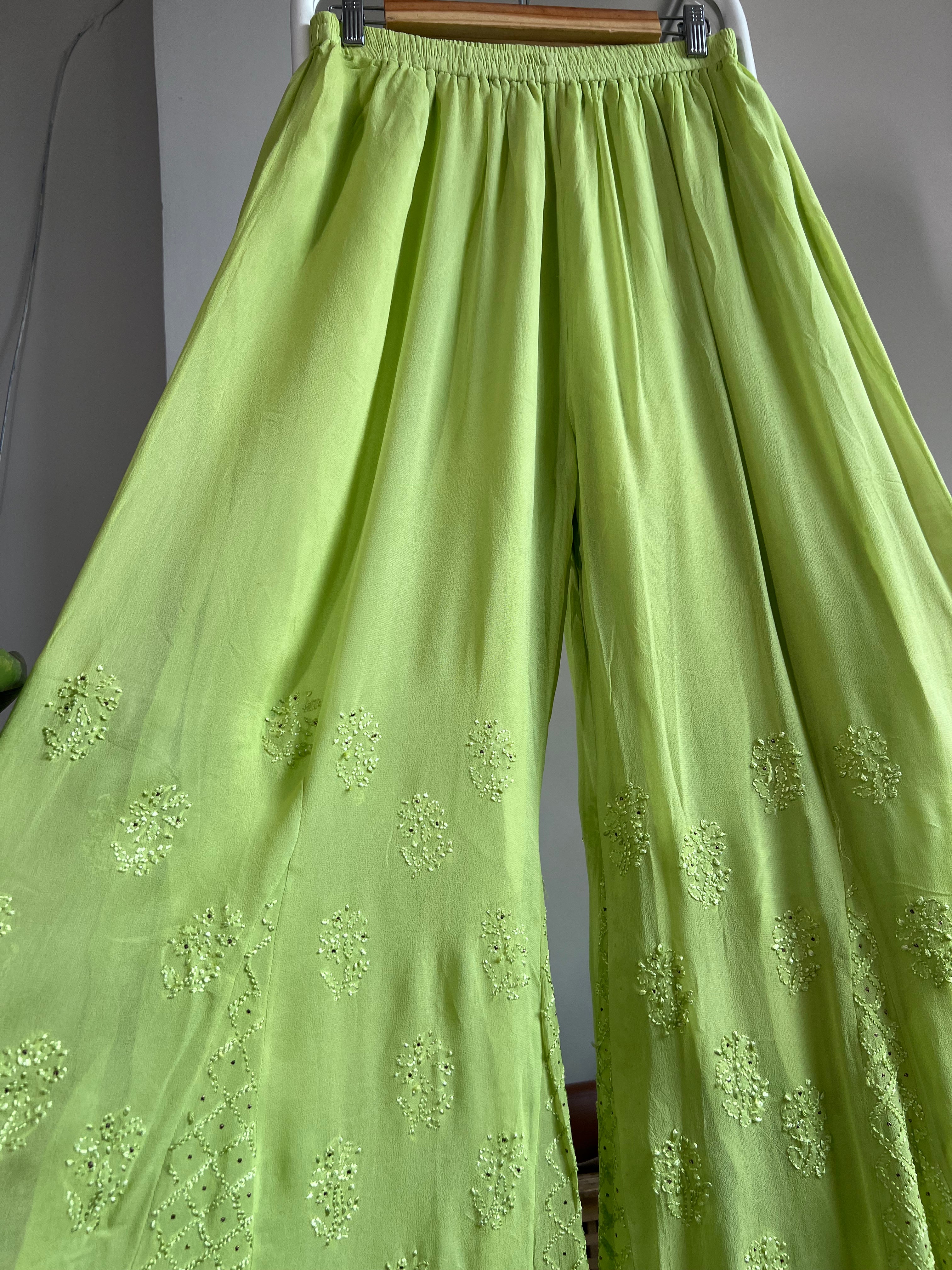 Chikankari Plazzo with mukaish - Flare - Bright Green ARIAA CHIKANKARI 