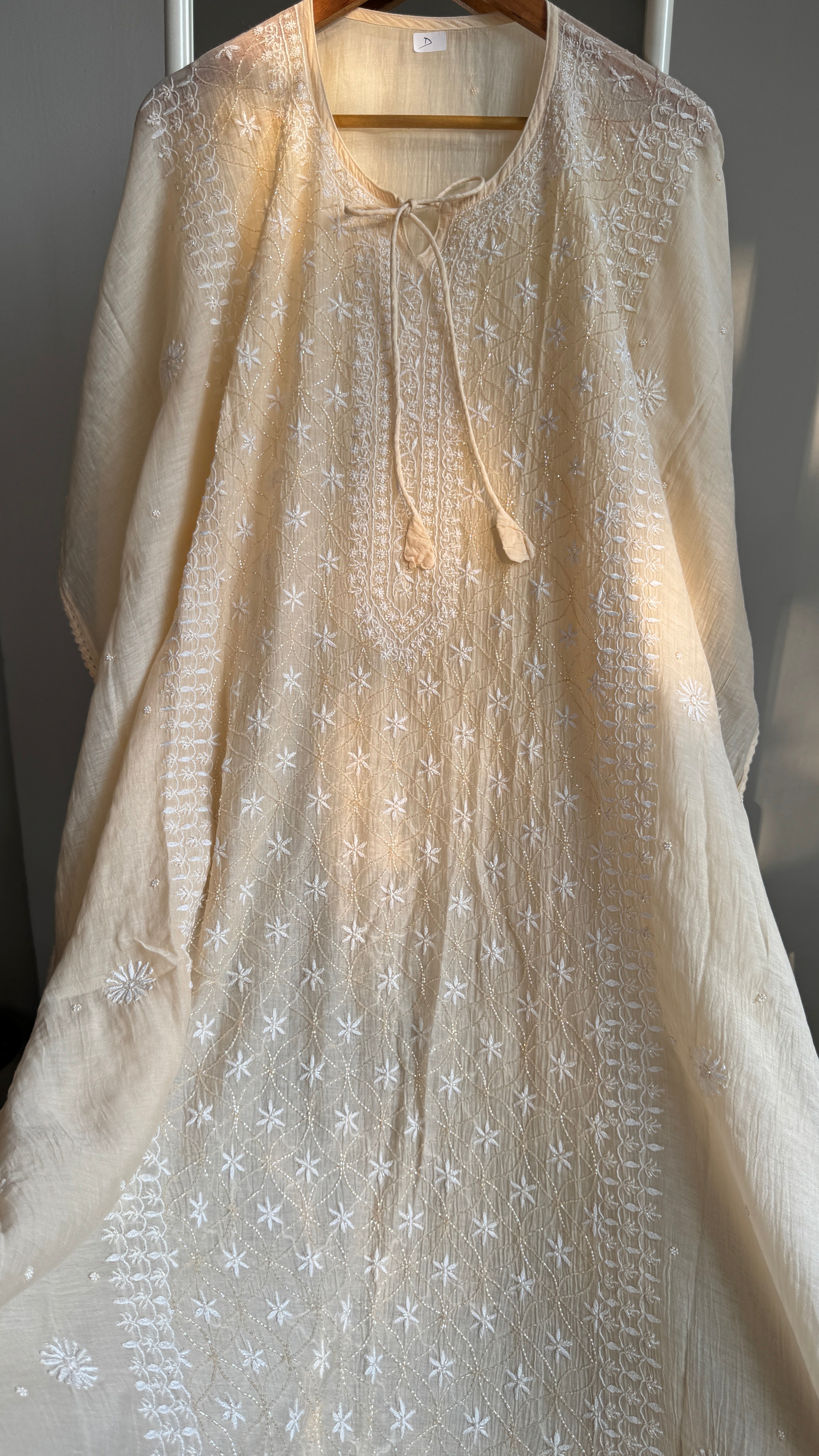 Mul Chanderi Chikankari Kaftan - Ivory