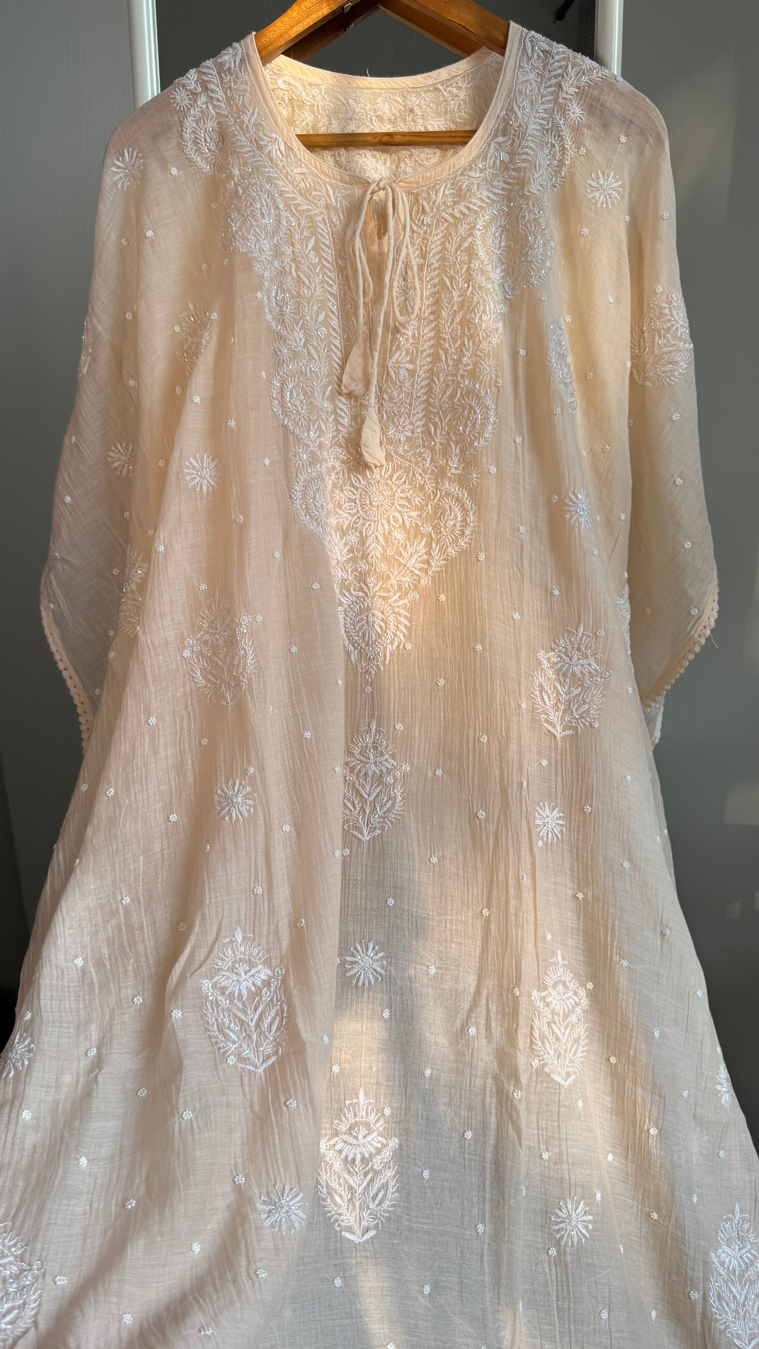 Mul Chanderi Chikankari Kaftan - Blush peach