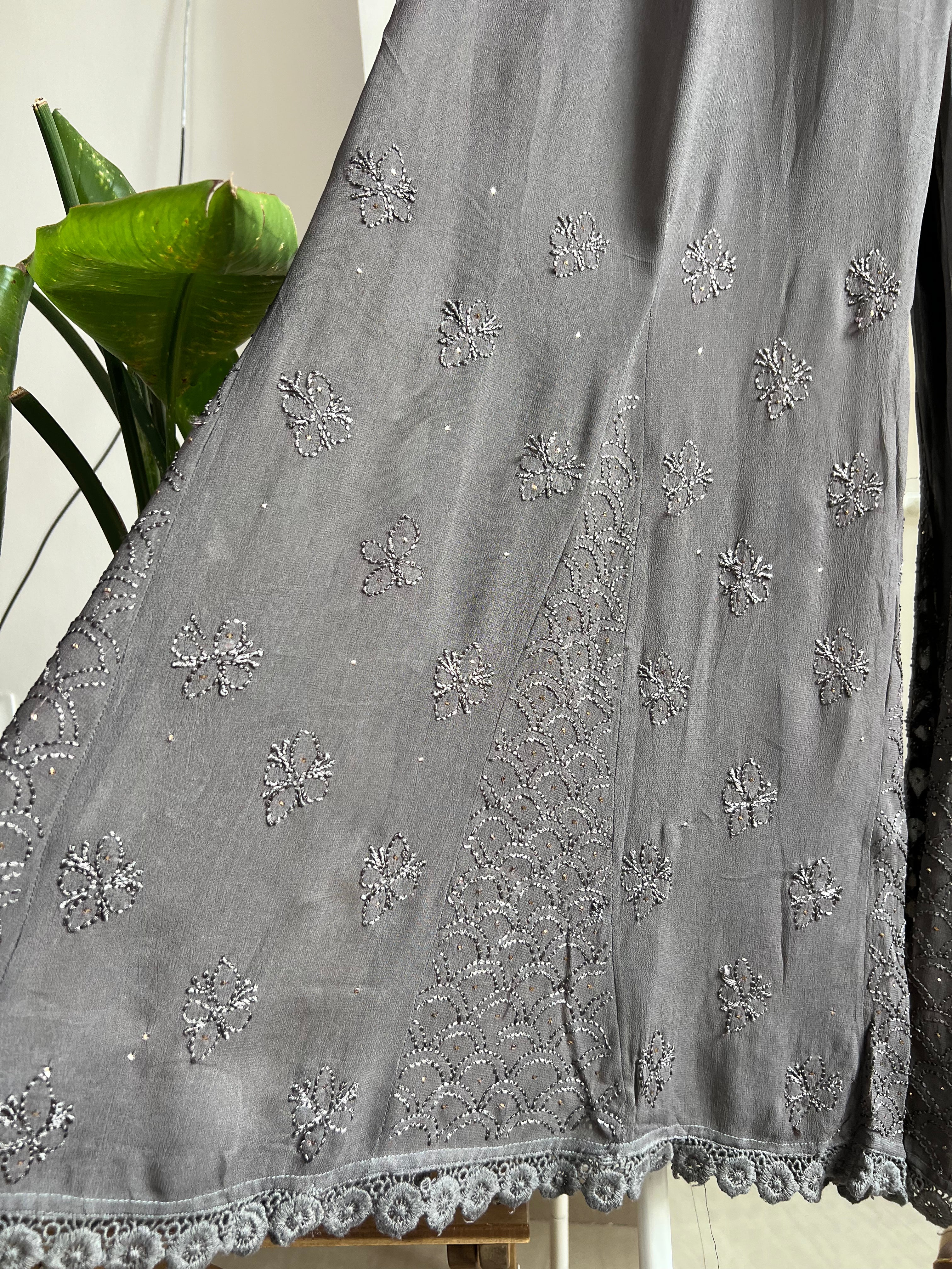 Chikankari Plazzo with mukaish - Flare - Mink Grey ARIAA CHIKANKARI 