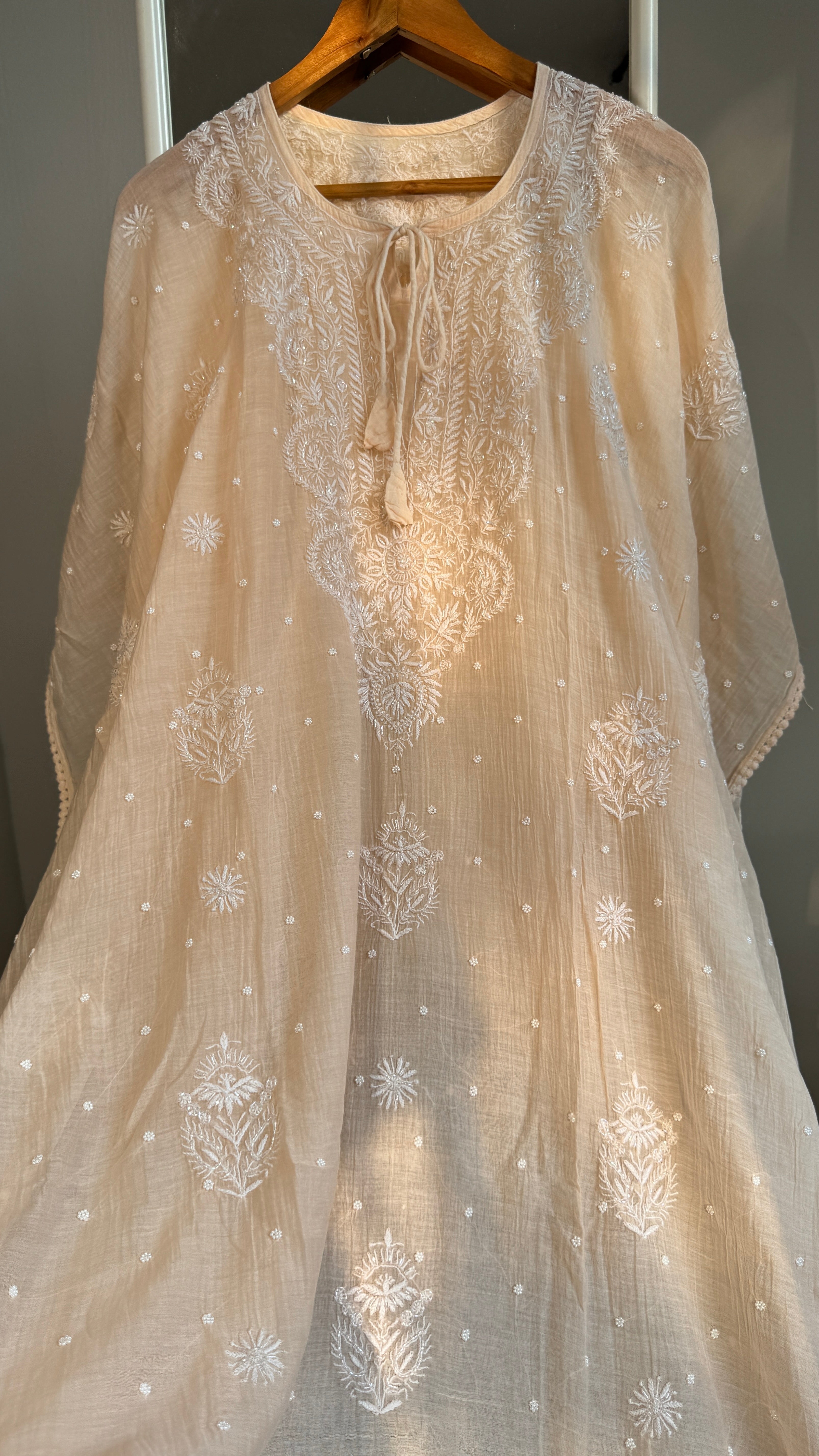 Mul Chanderi Chikankari Kaftan - Blush peach