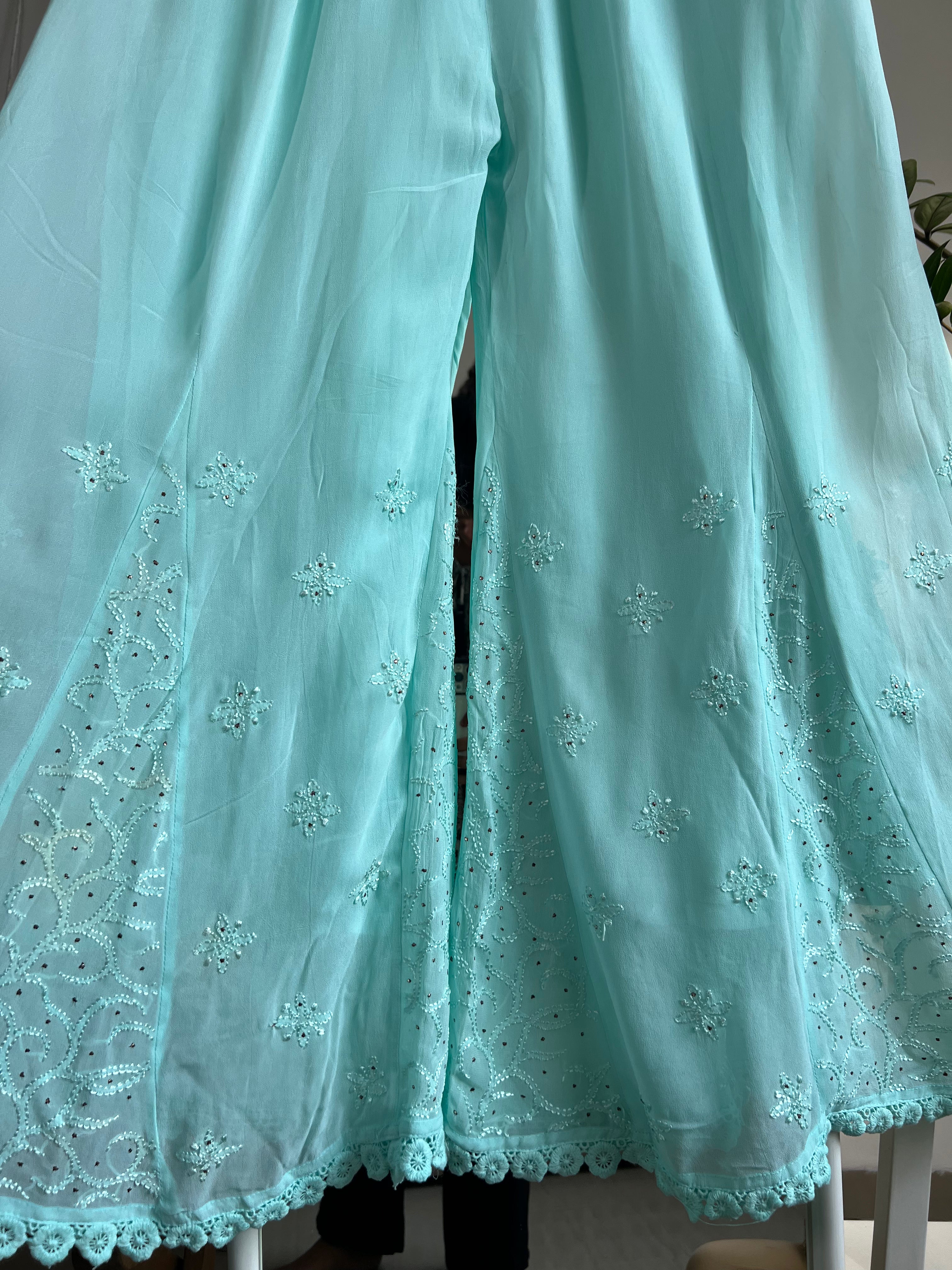 Chikankari Plazzo with mukaish - Flare - Cyan Green ARIAA CHIKANKARI 