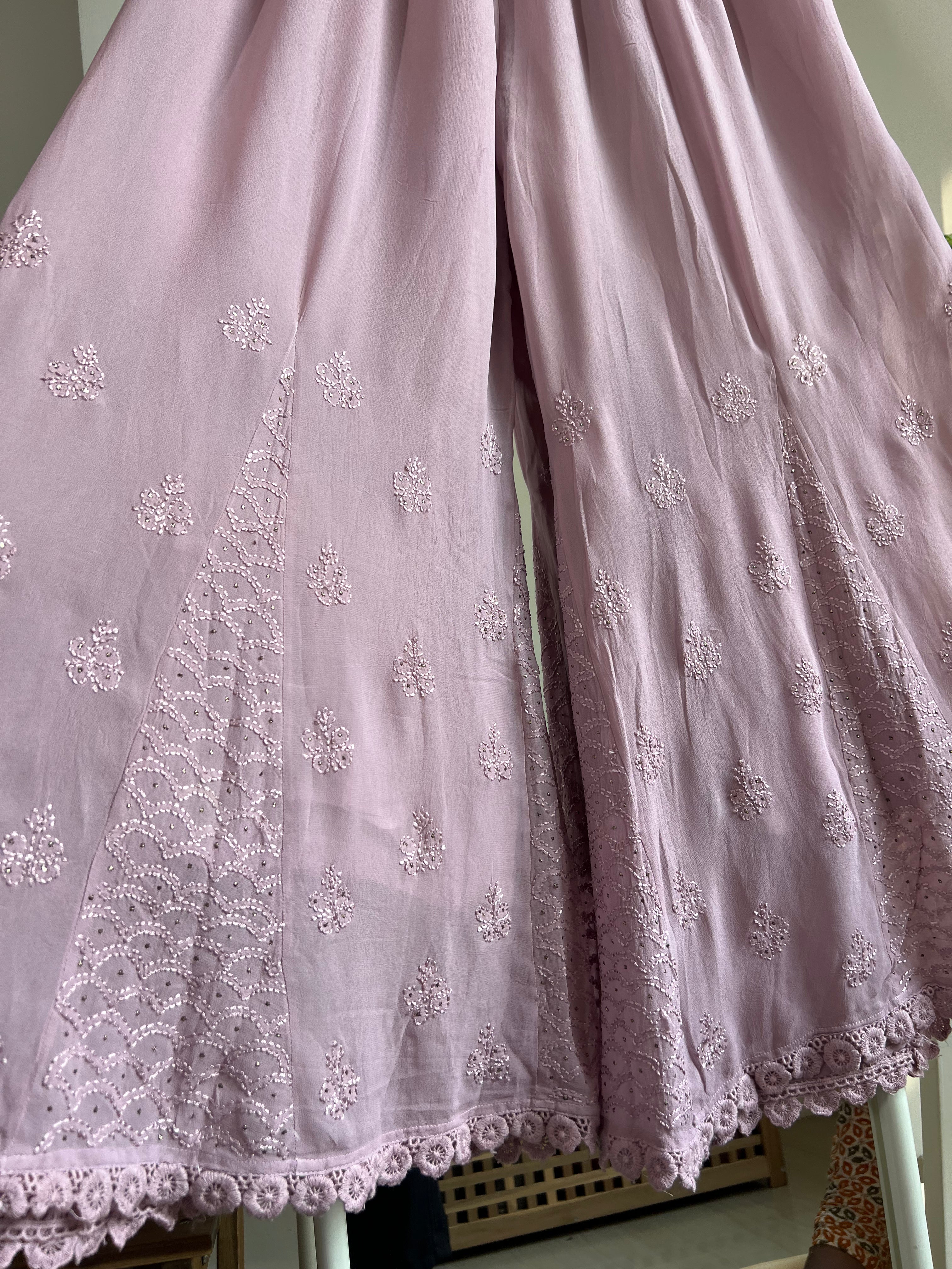 Chikankari Plazzo with mukaish - Flare - Onion Pink ARIAA CHIKANKARI 