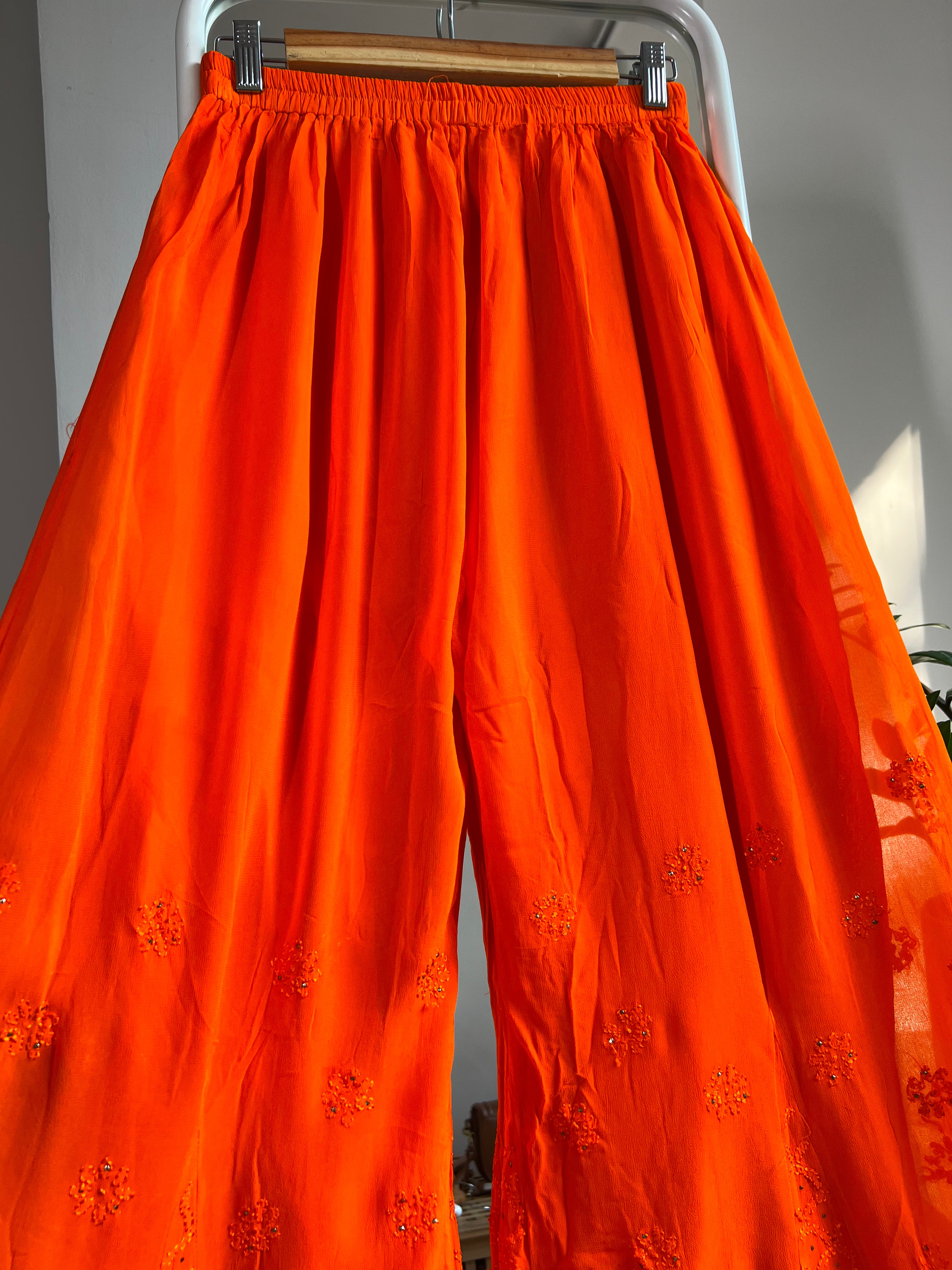 Chikankari Plazzo with mukaish - Flare -  Orange ARIAA CHIKANKARI 