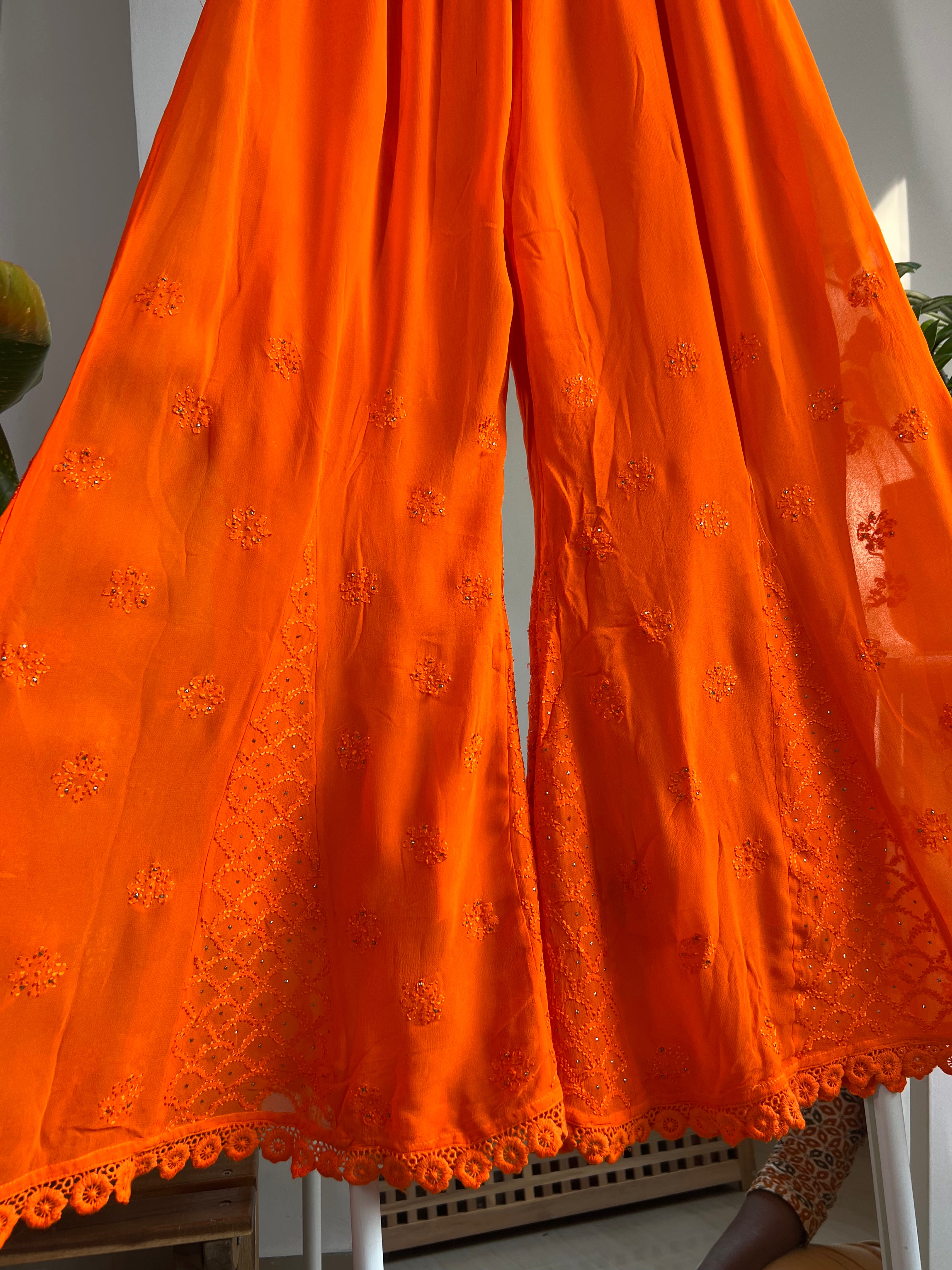 Chikankari Plazzo with mukaish - Flare -  Orange ARIAA CHIKANKARI 