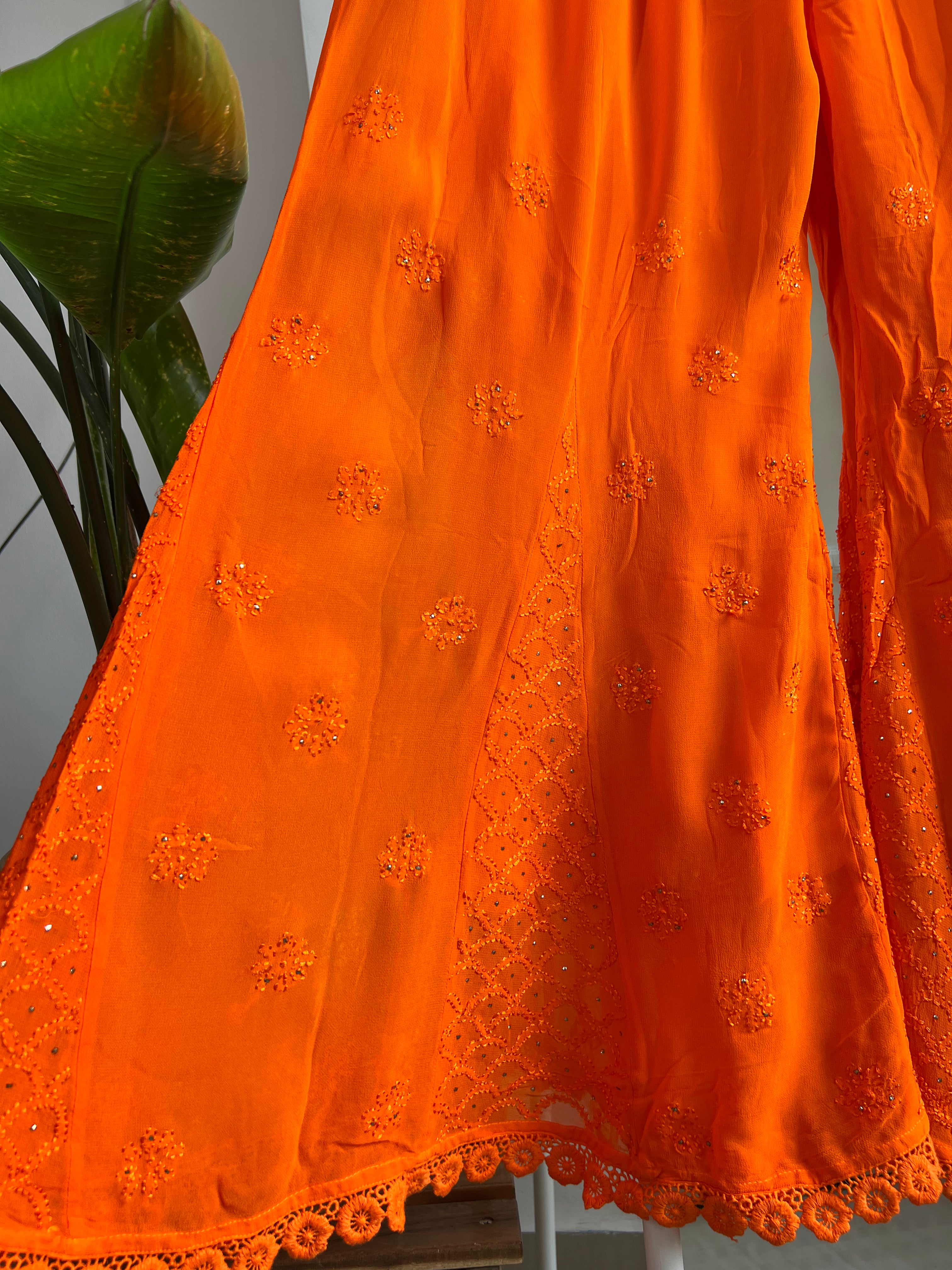 Chikankari Plazzo with mukaish - Flare -  Orange ARIAA CHIKANKARI 