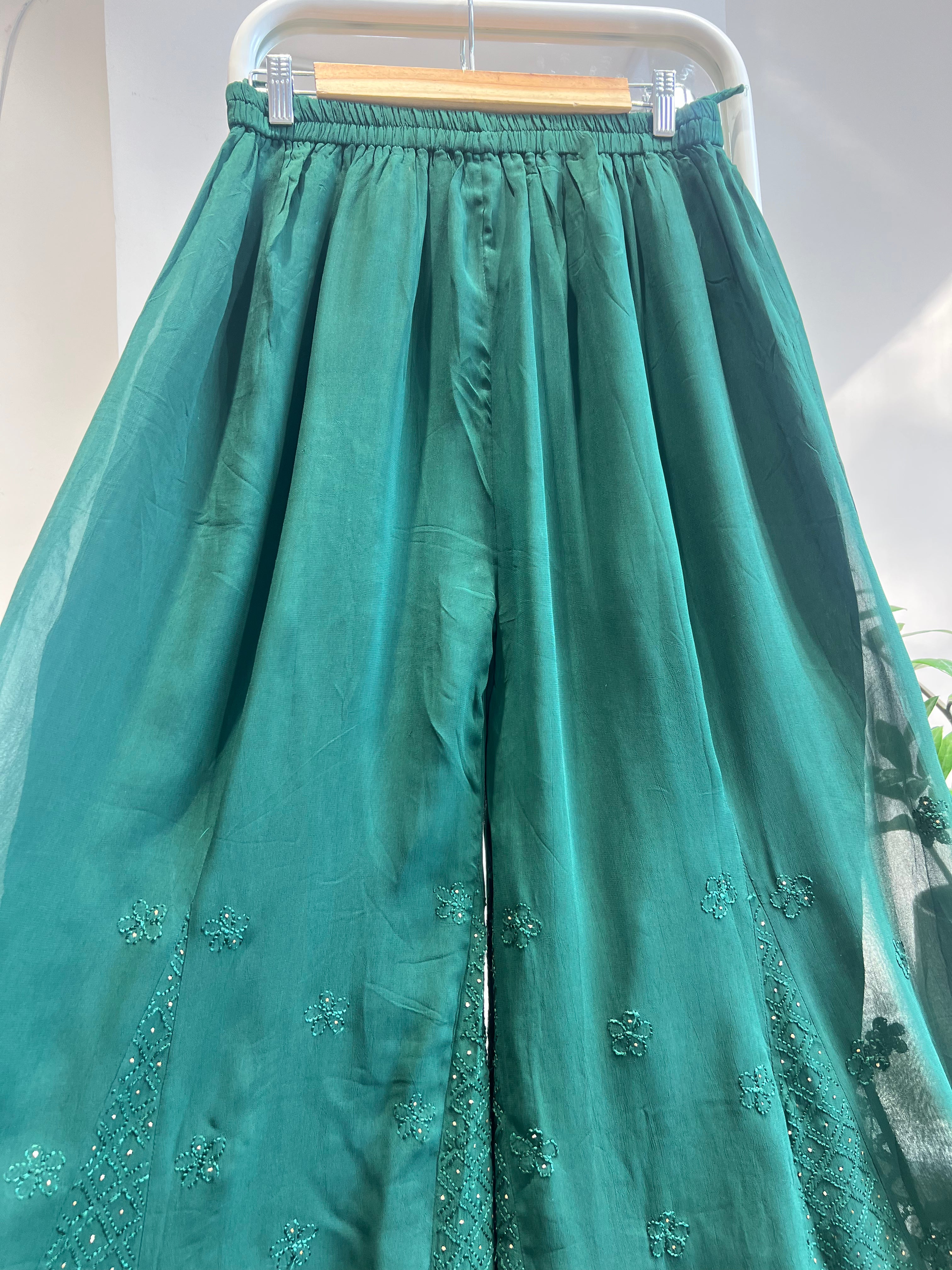 Chikankari Plazzo with mukaish - Flare -  Pine Green ARIAA CHIKANKARI 