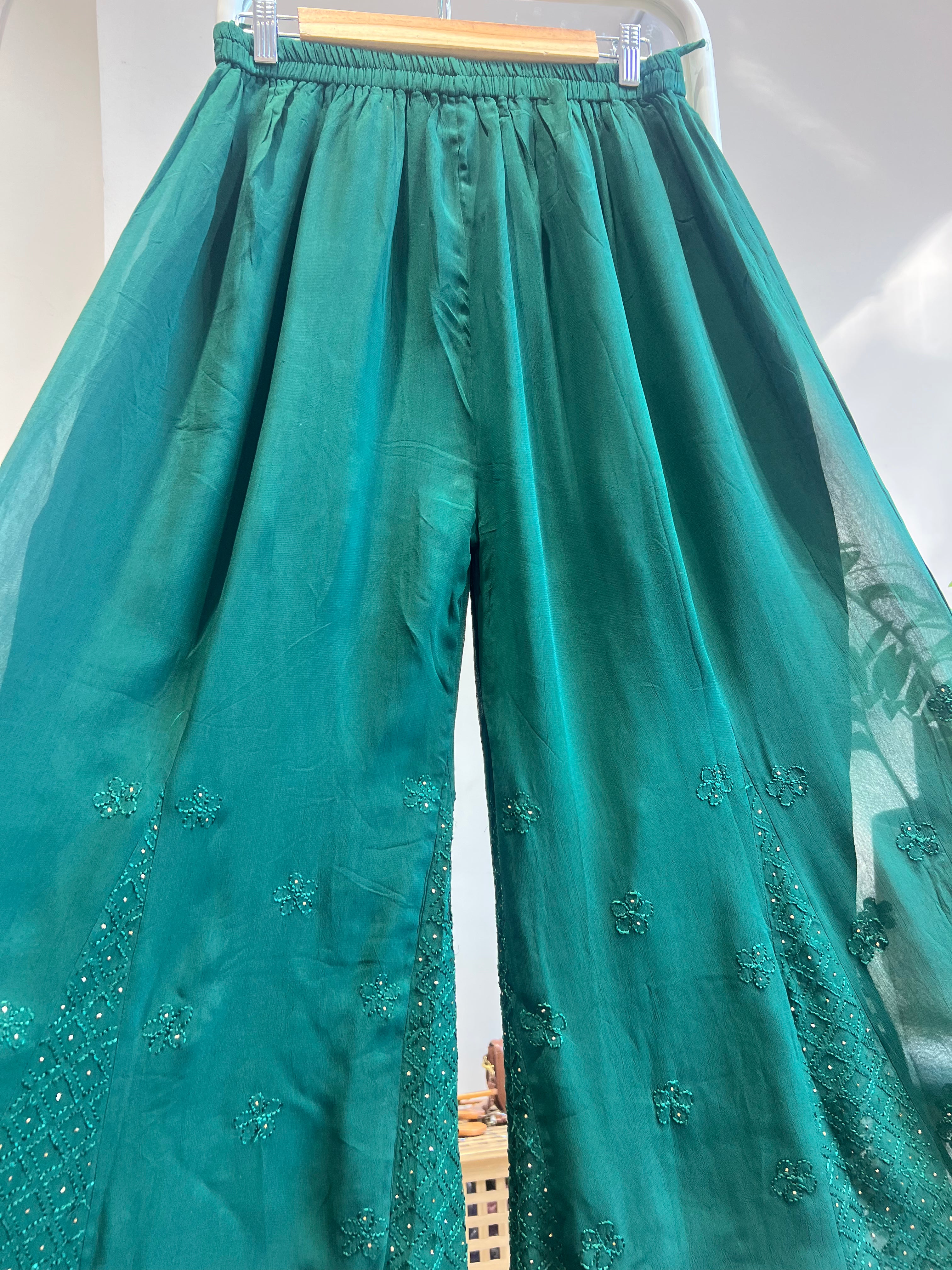 Chikankari Plazzo with mukaish - Flare -  Pine Green ARIAA CHIKANKARI 