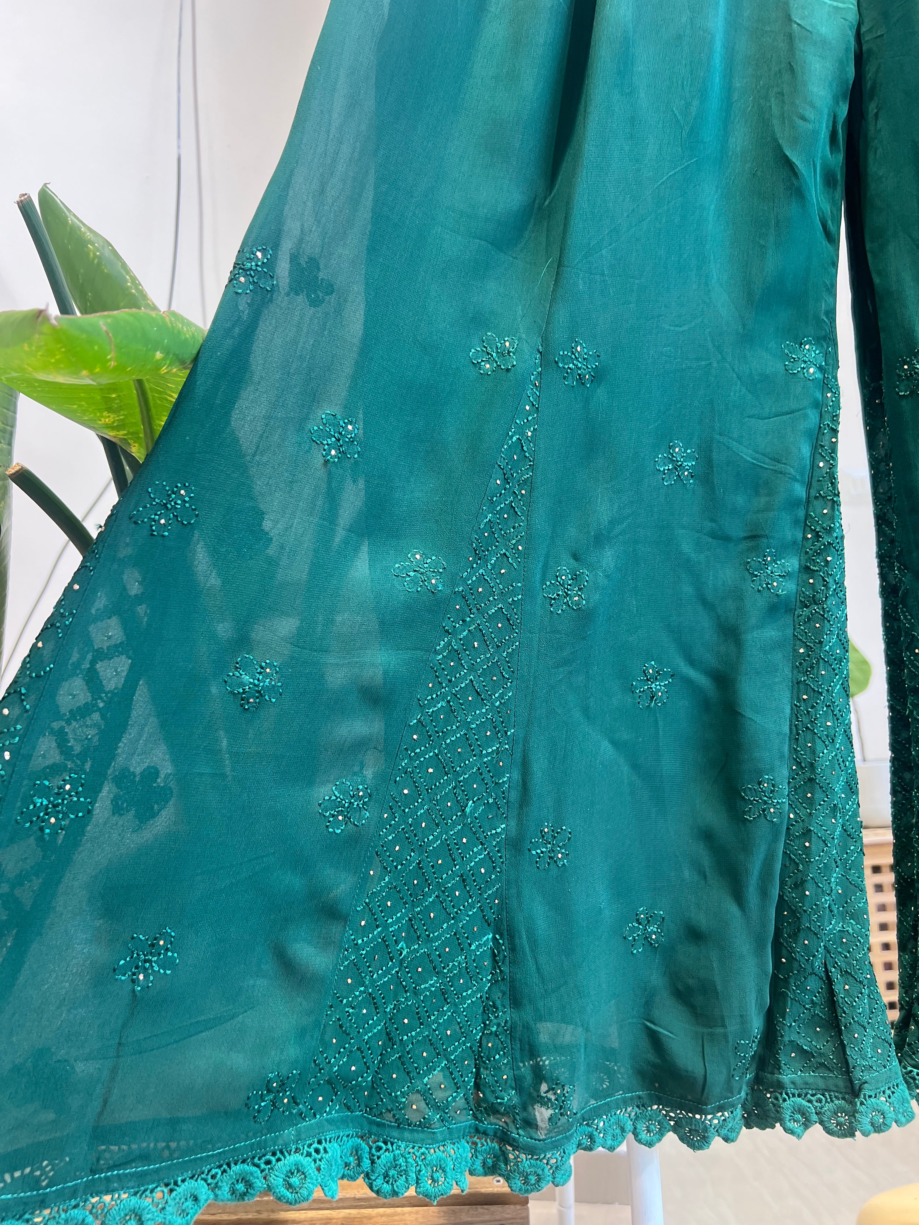 Chikankari Plazzo with mukaish - Flare -  Pine Green ARIAA CHIKANKARI 
