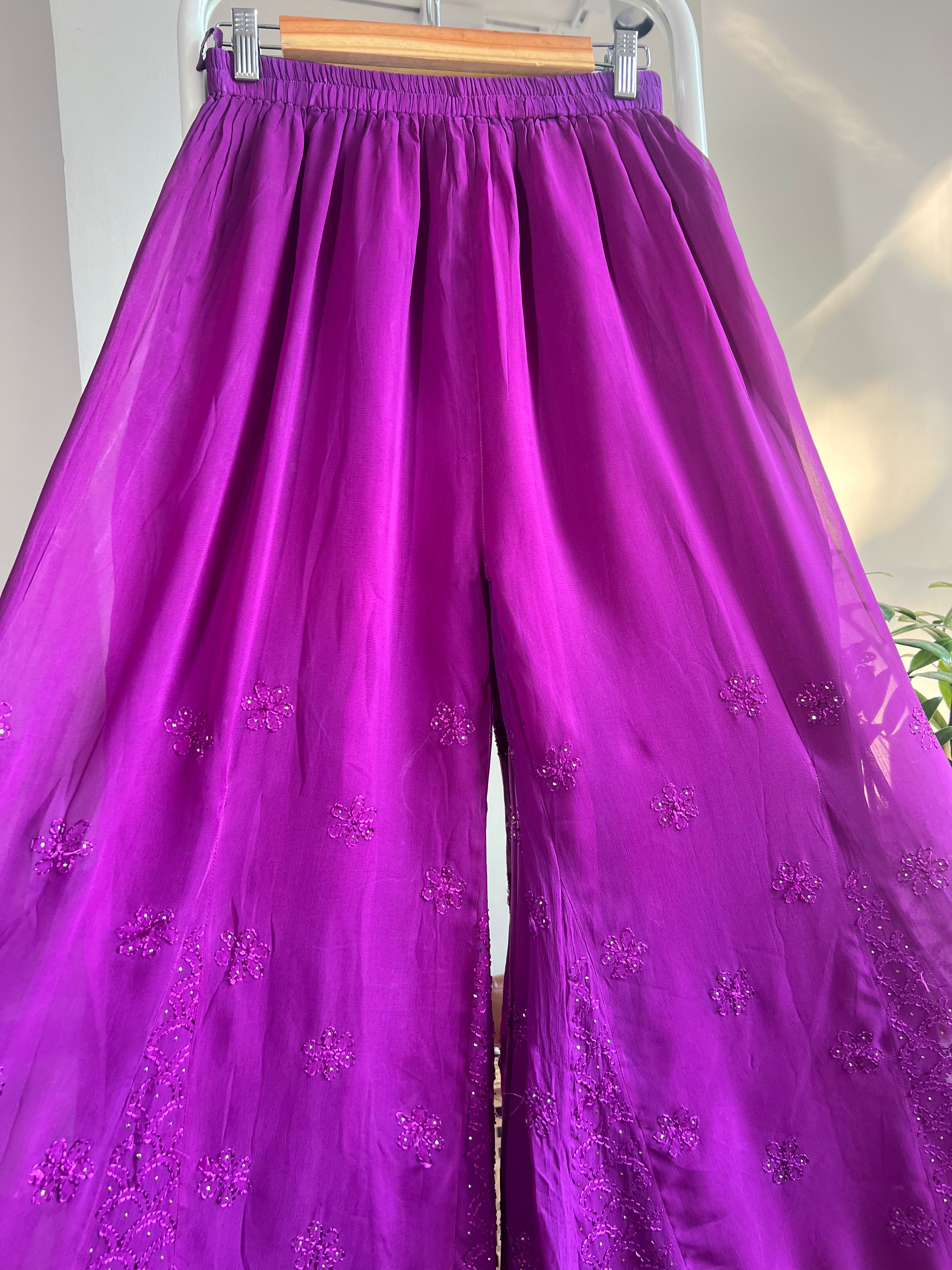 Chikankari Plazzo with mukaish - Flare -  Purple ARIAA CHIKANKARI 