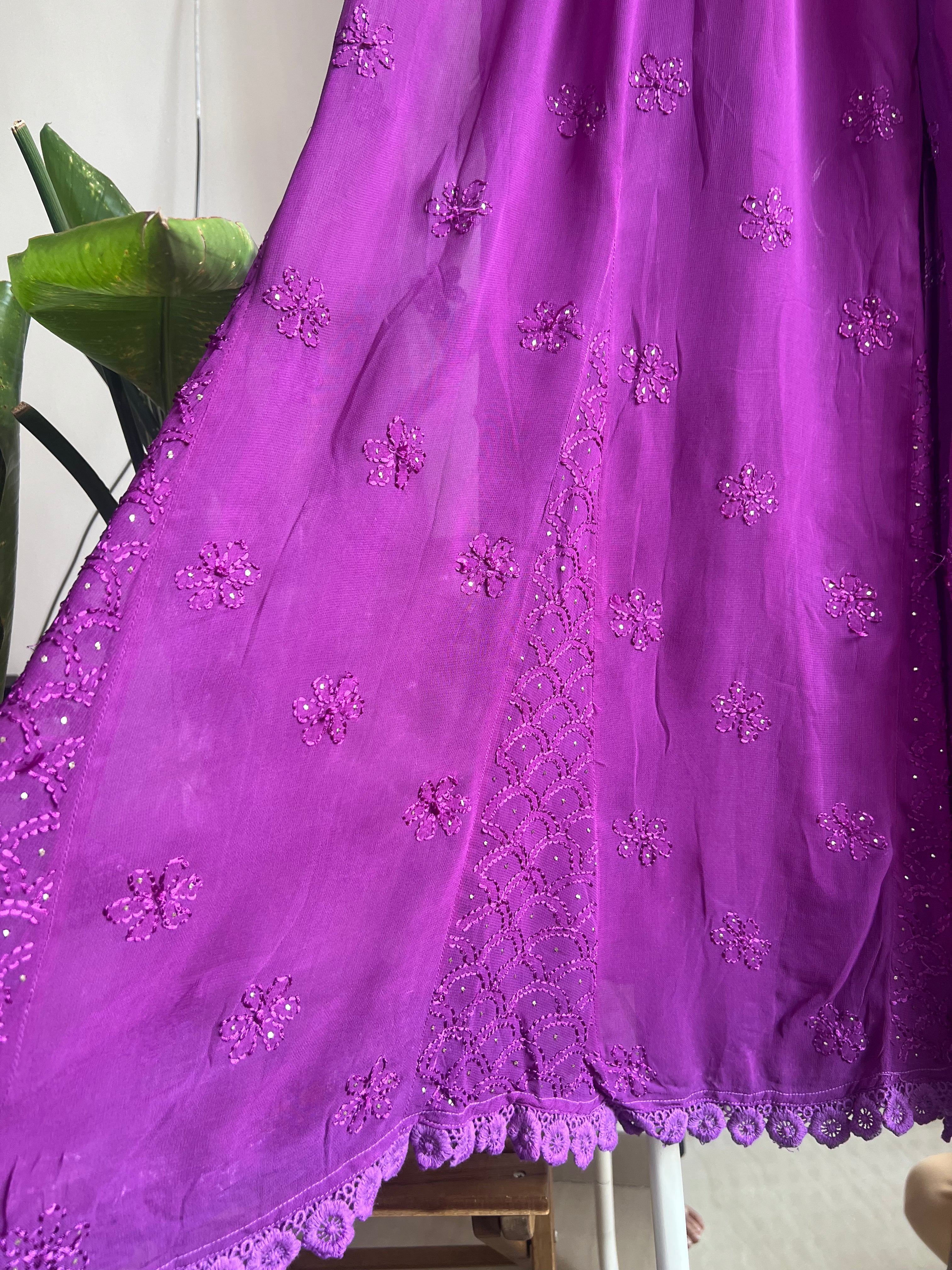 Chikankari Plazzo with mukaish - Flare -  Purple ARIAA CHIKANKARI 