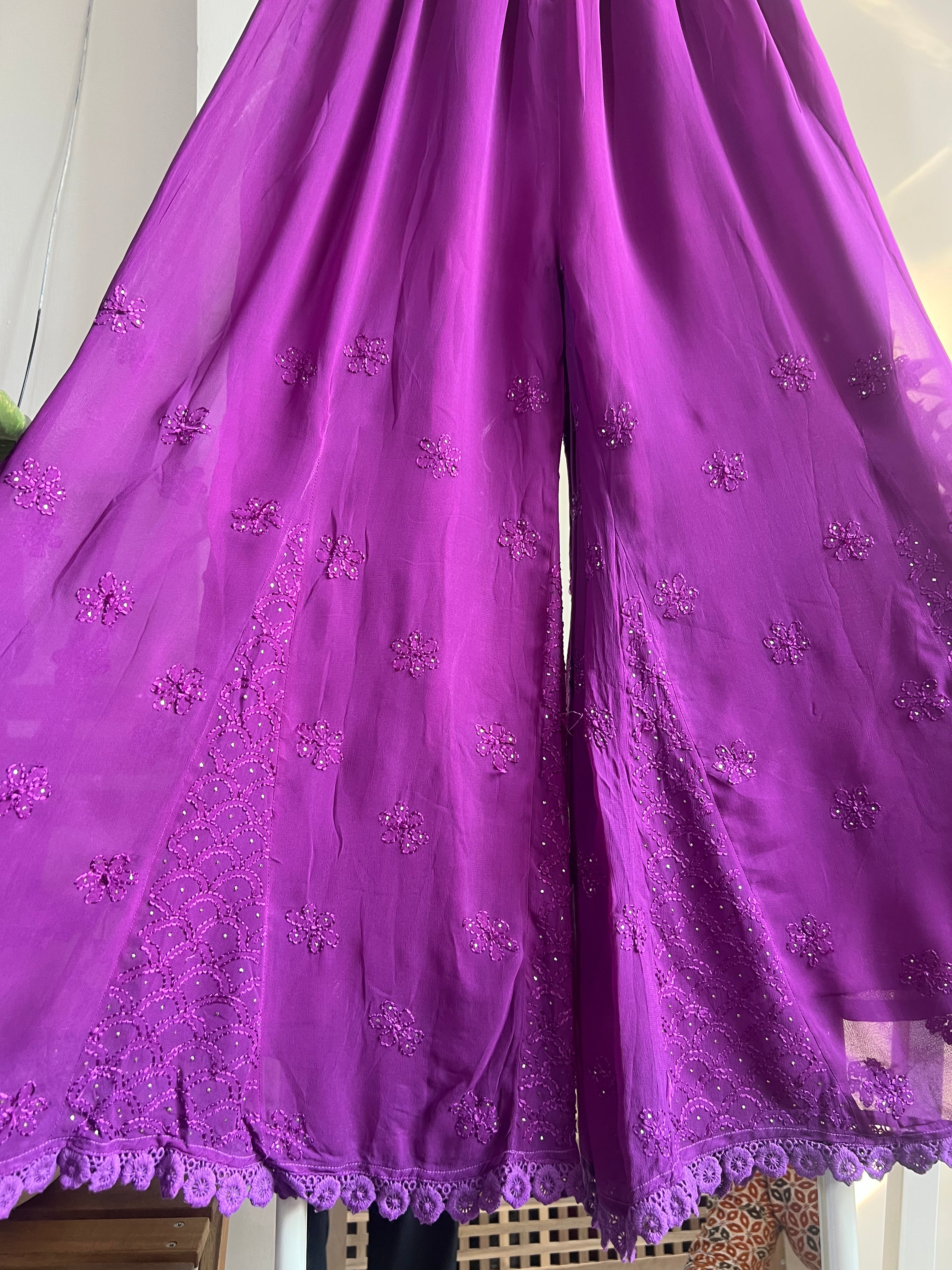 Chikankari Plazzo with mukaish - Flare -  Purple ARIAA CHIKANKARI 