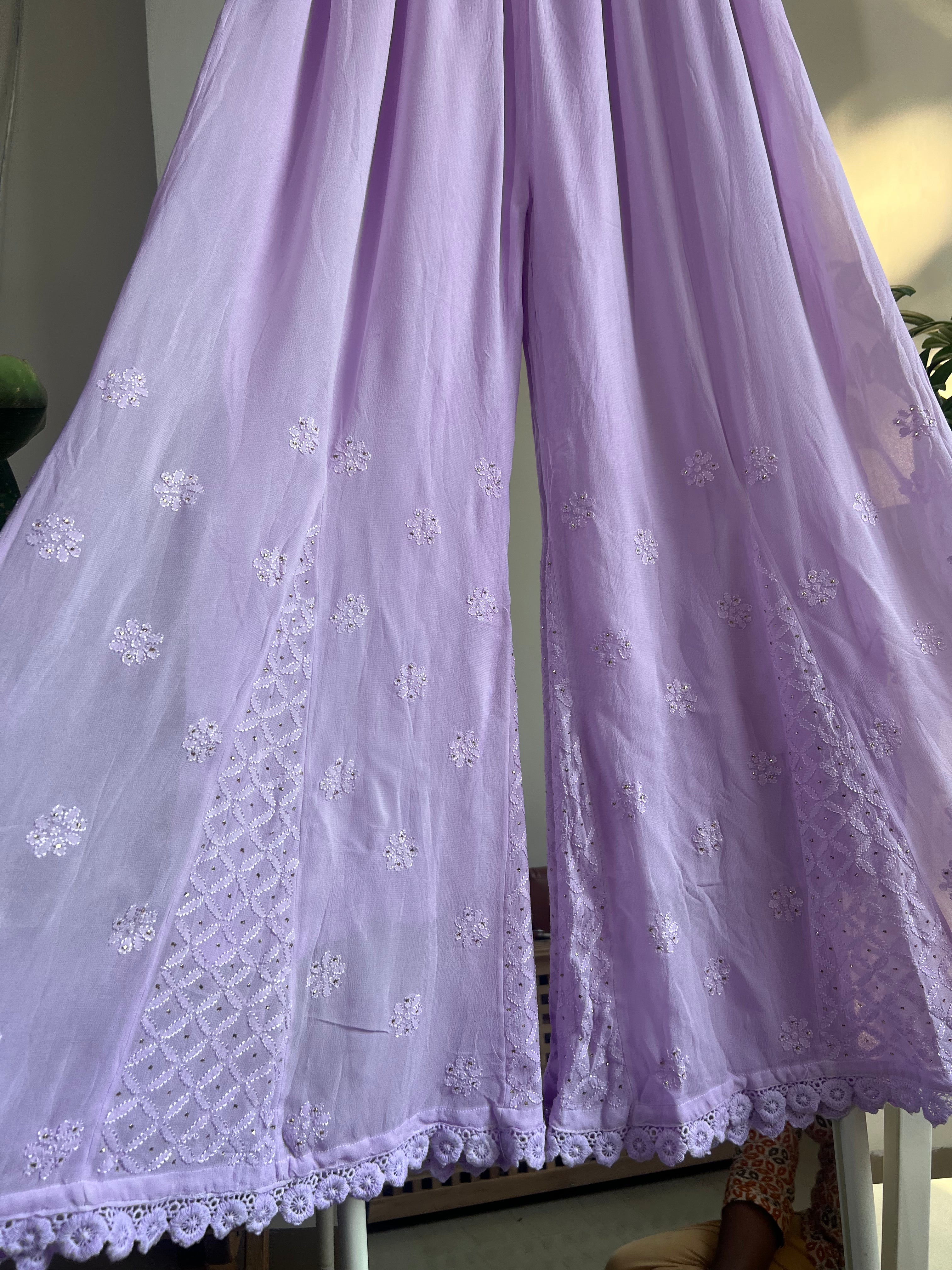 Chikankari Plazzo with mukaish - Flare - Lilac ARIAA CHIKANKARI 