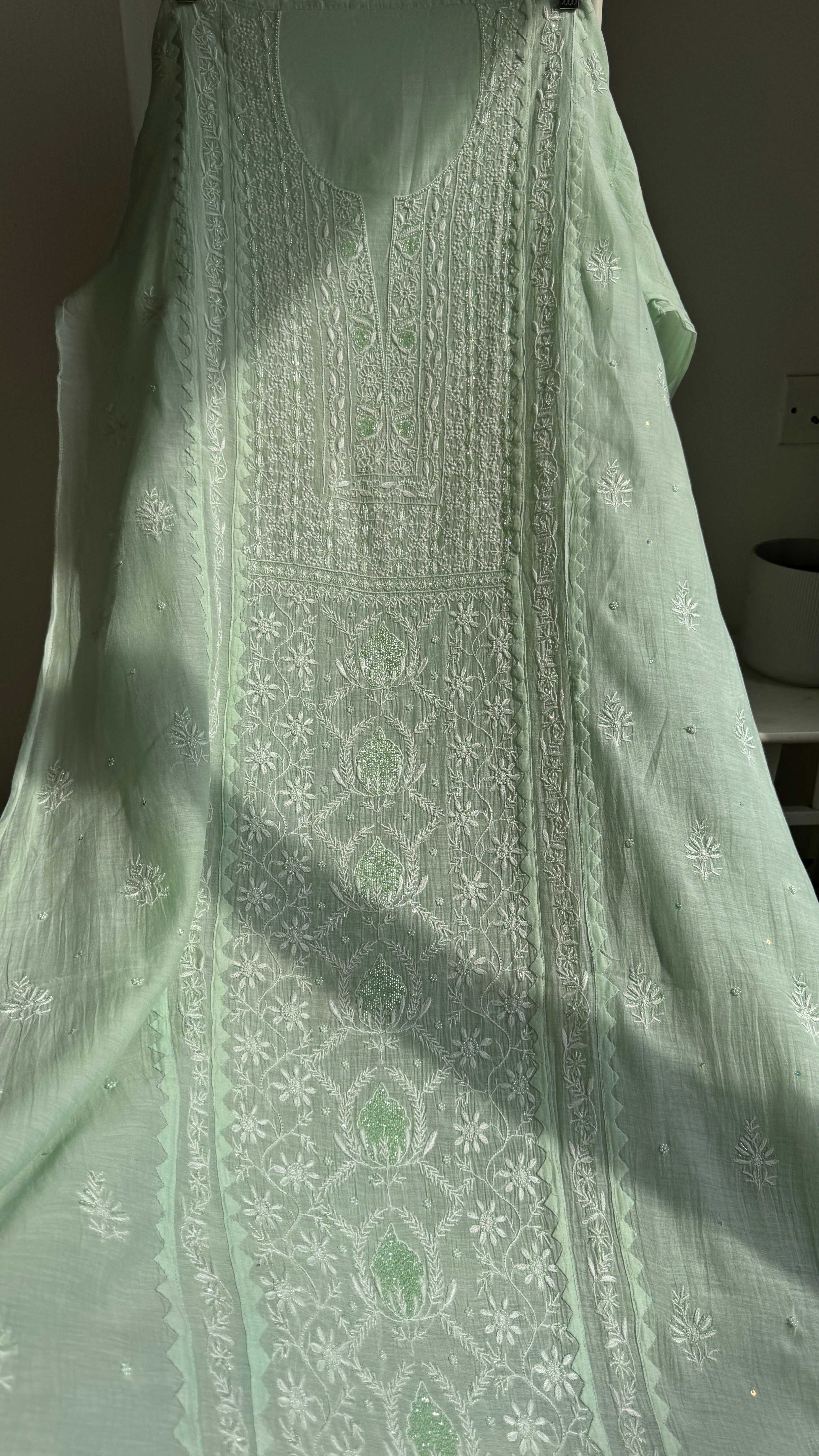 Mul Chanderi Straight Chikankari Tunic - Green