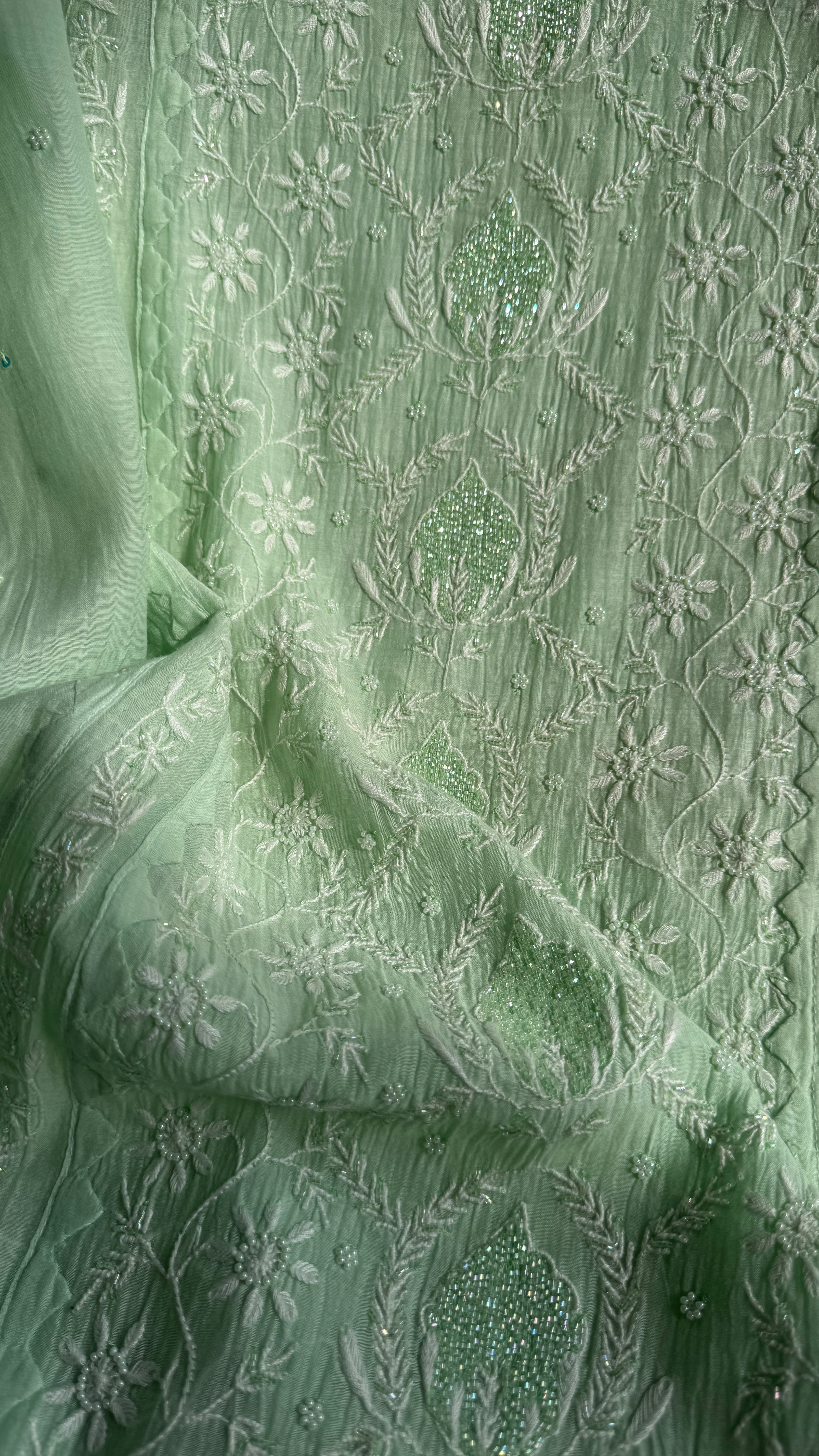 Mul Chanderi Straight Chikankari Tunic - Green