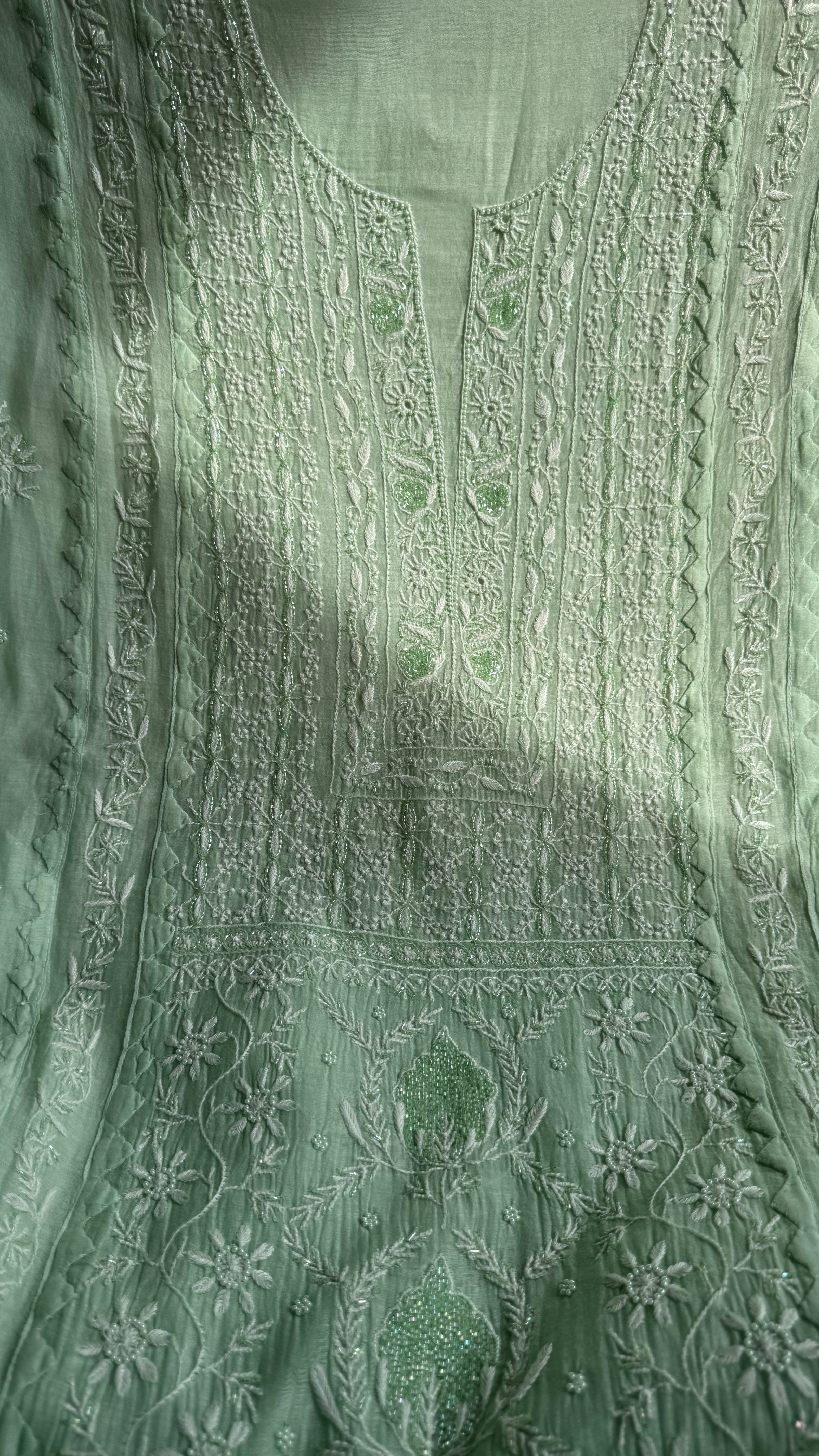 Mul Chanderi Straight Chikankari Tunic - Green
