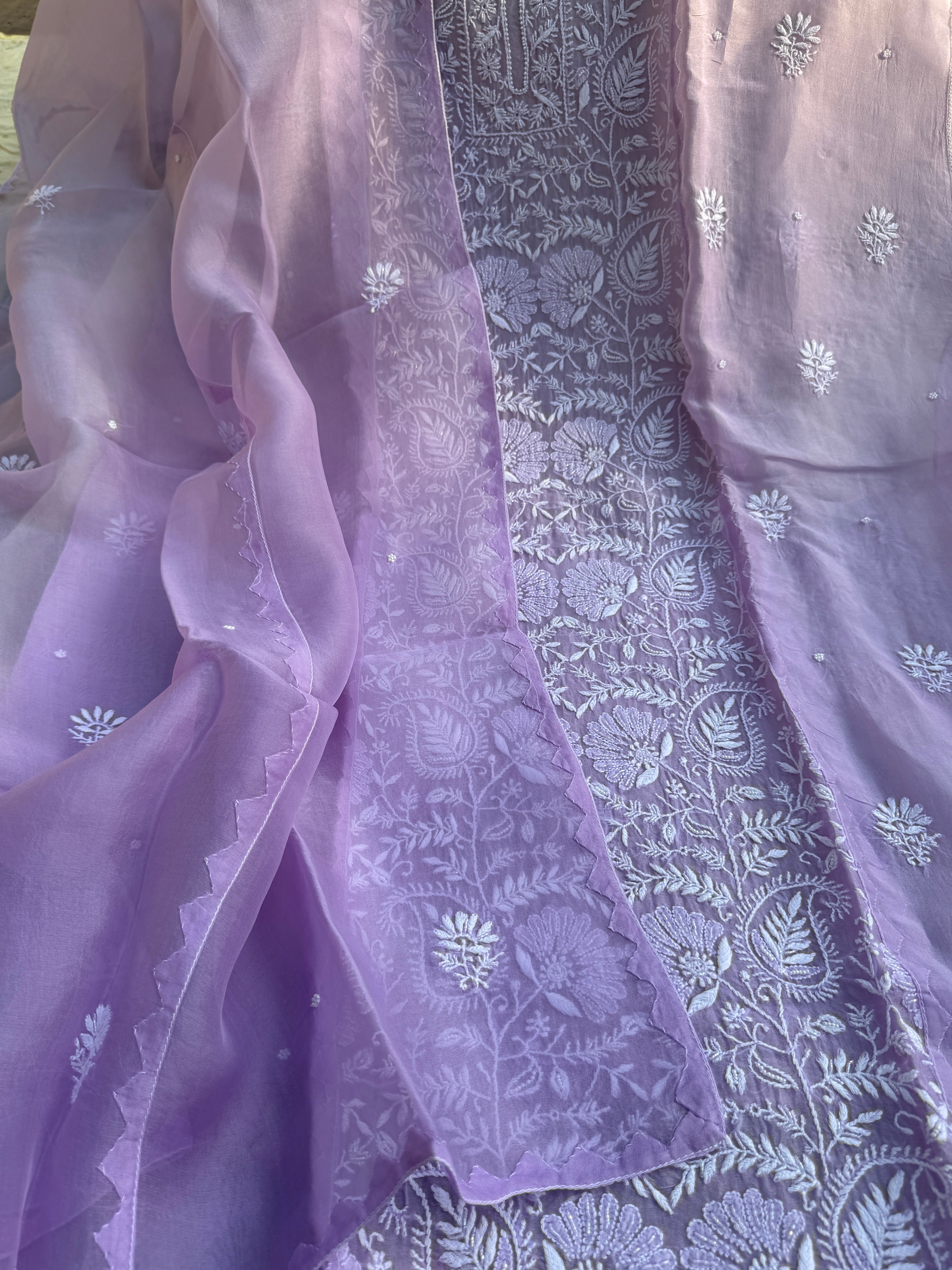 Organza Chikankari Length with Dupatta (Pearl Work) - Lilac Ombre