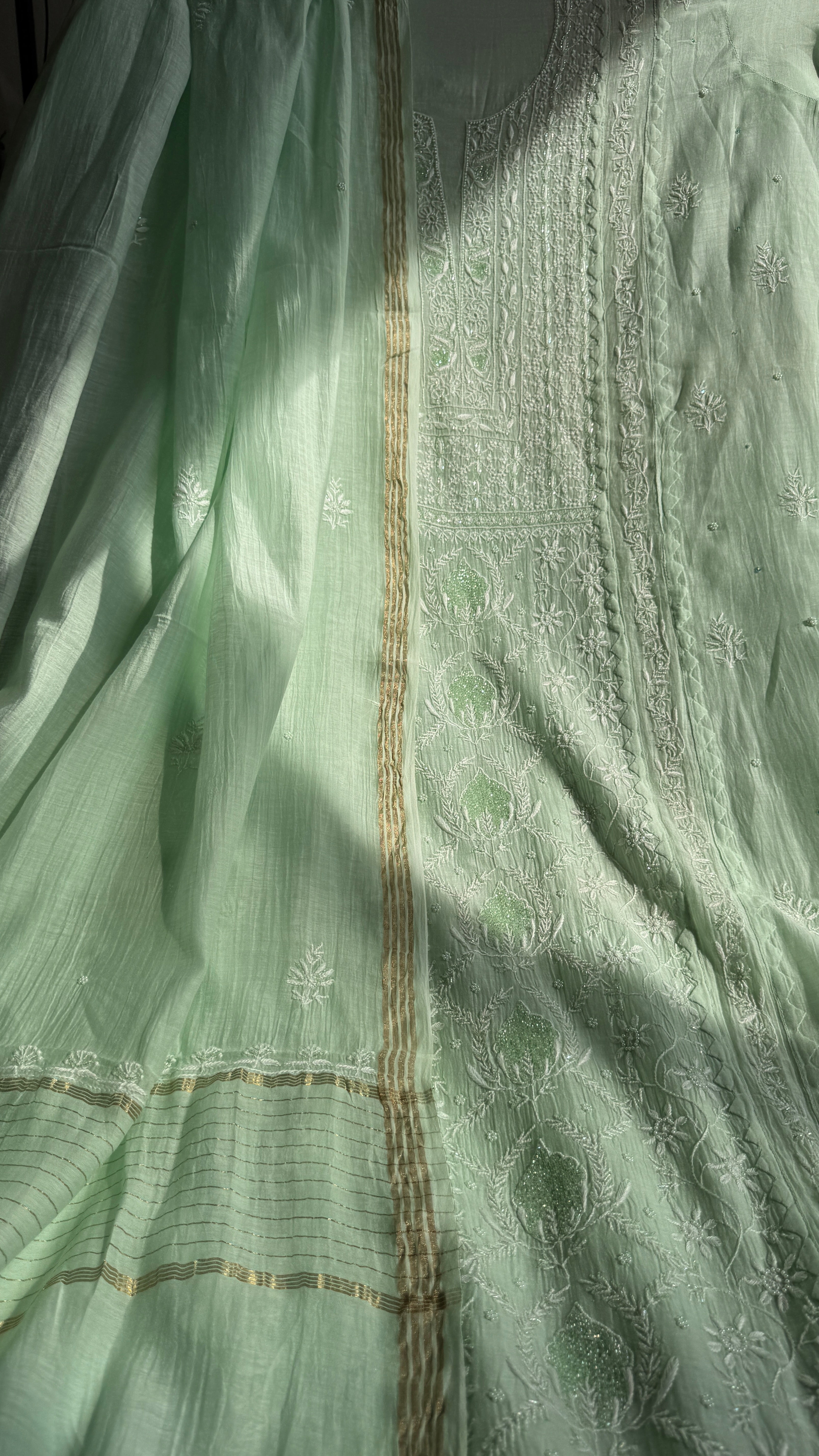 Mul Chanderi Straight Chikankari Tunic - Green