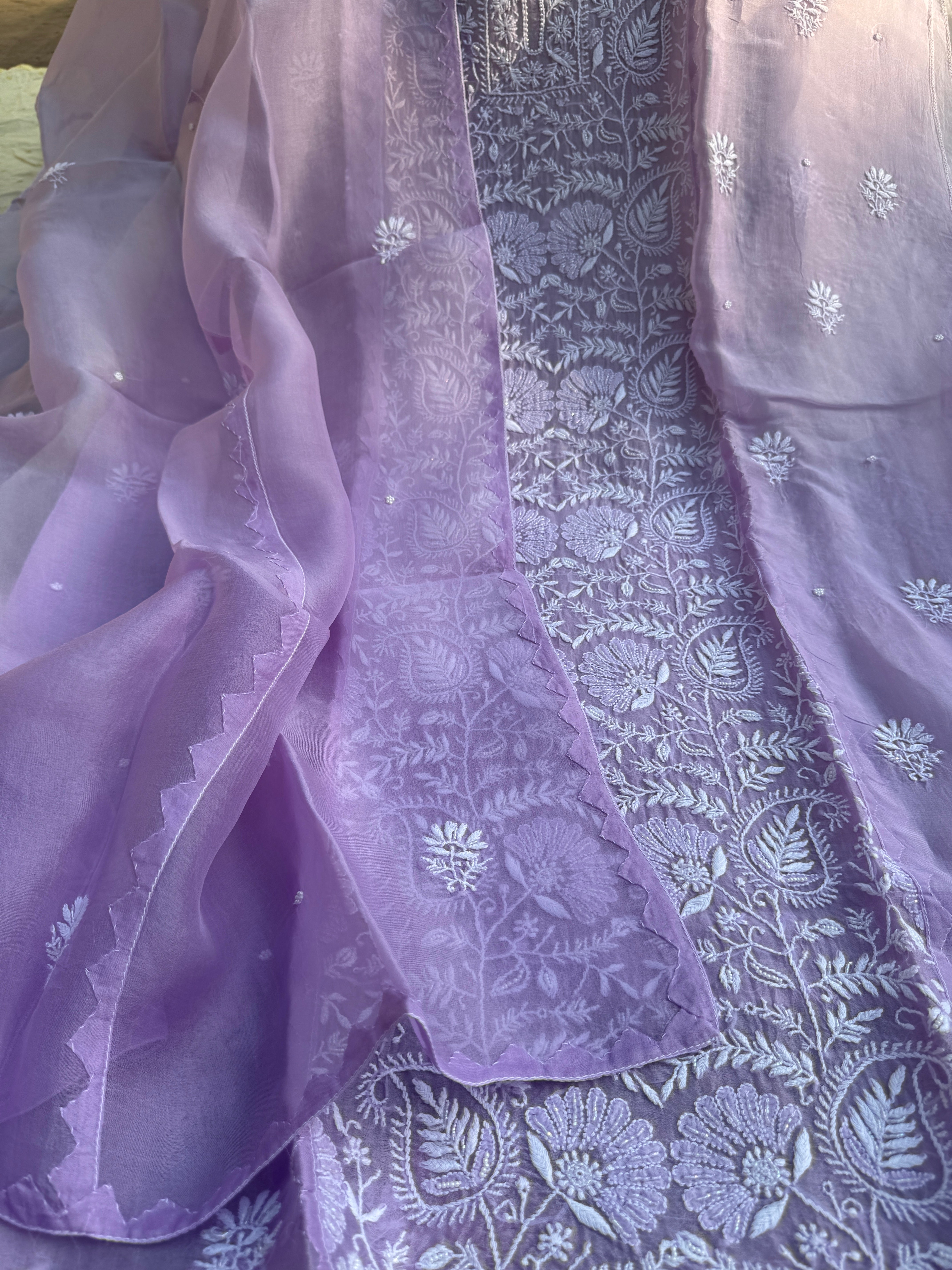 Organza Chikankari Length with Dupatta (Pearl Work) - Lilac Ombre