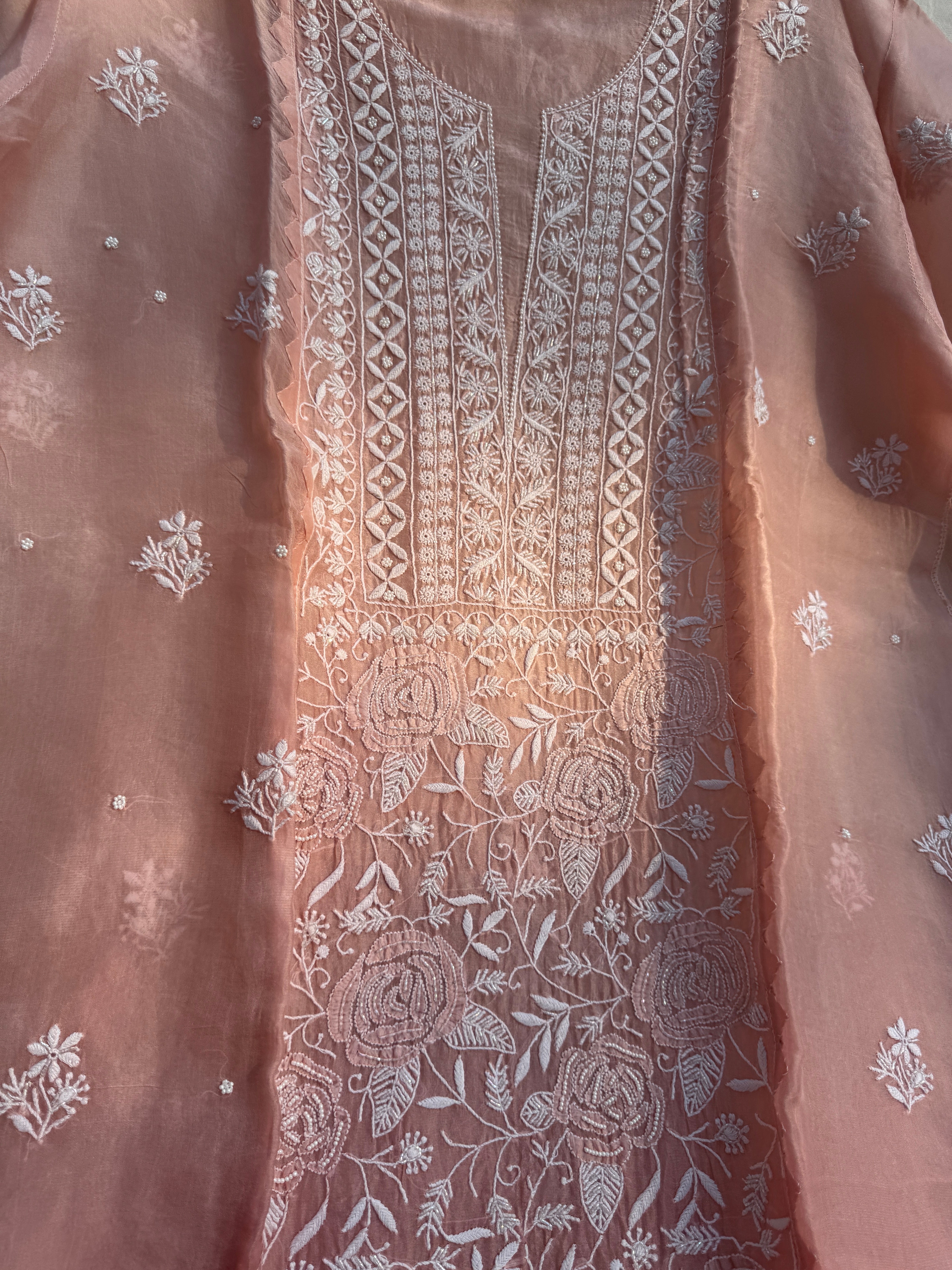 Organza Chikankari Length with Dupatta (Pearl Work) - Rosewood Ombre