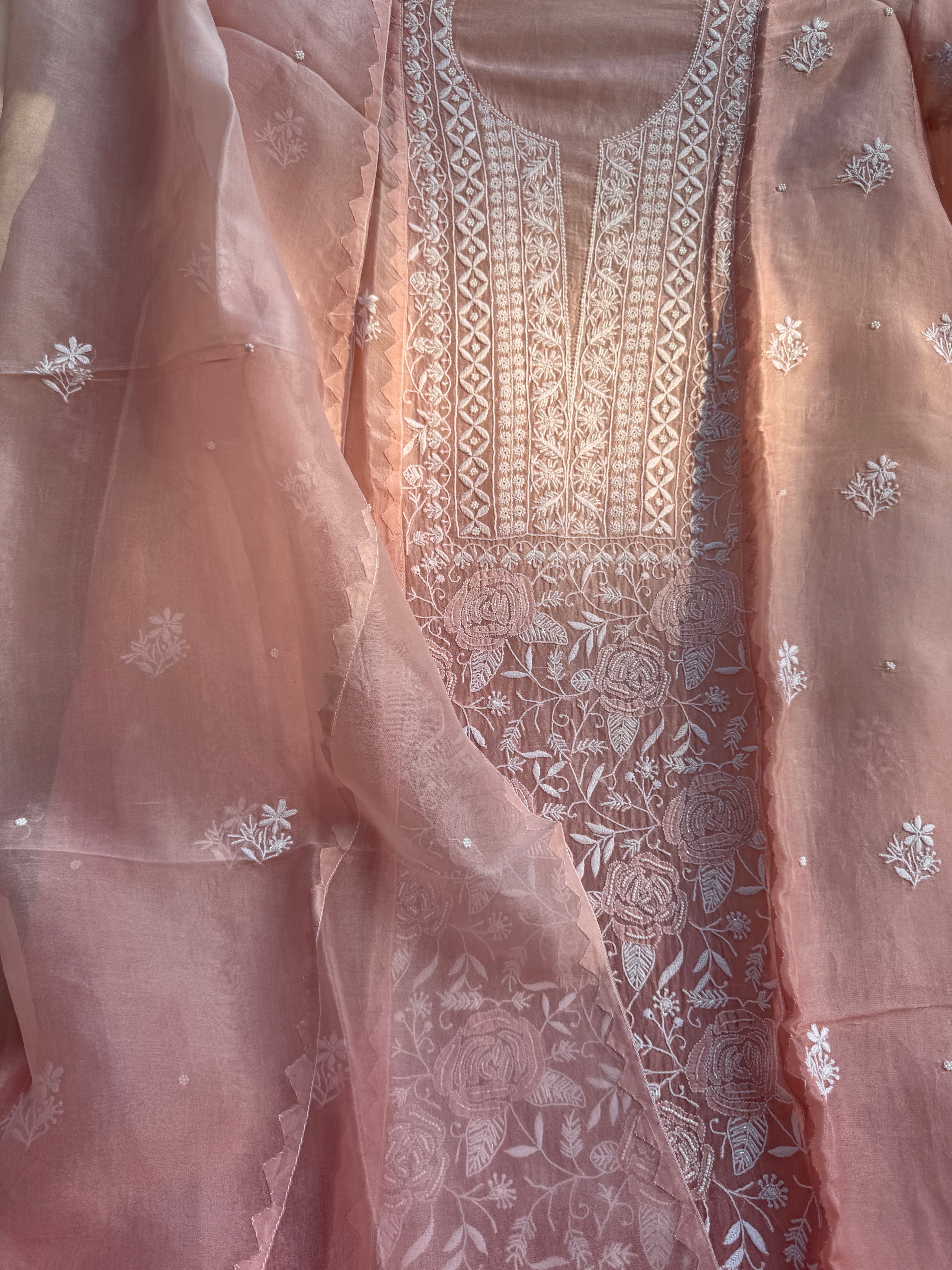 Organza Chikankari Length with Dupatta (Pearl Work) - Rosewood Ombre