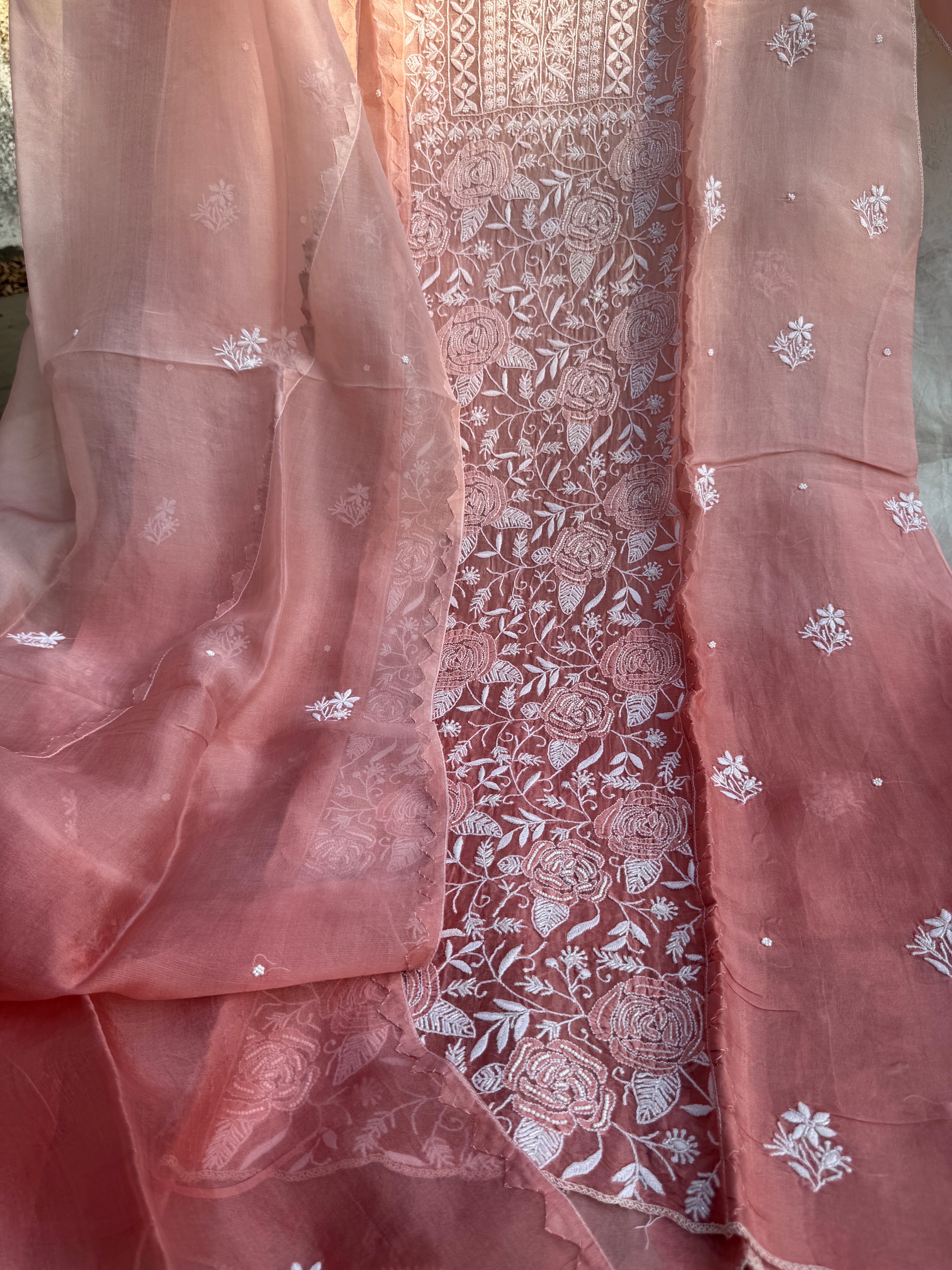 Organza Chikankari Length with Dupatta (Pearl Work) - Rosewood Ombre
