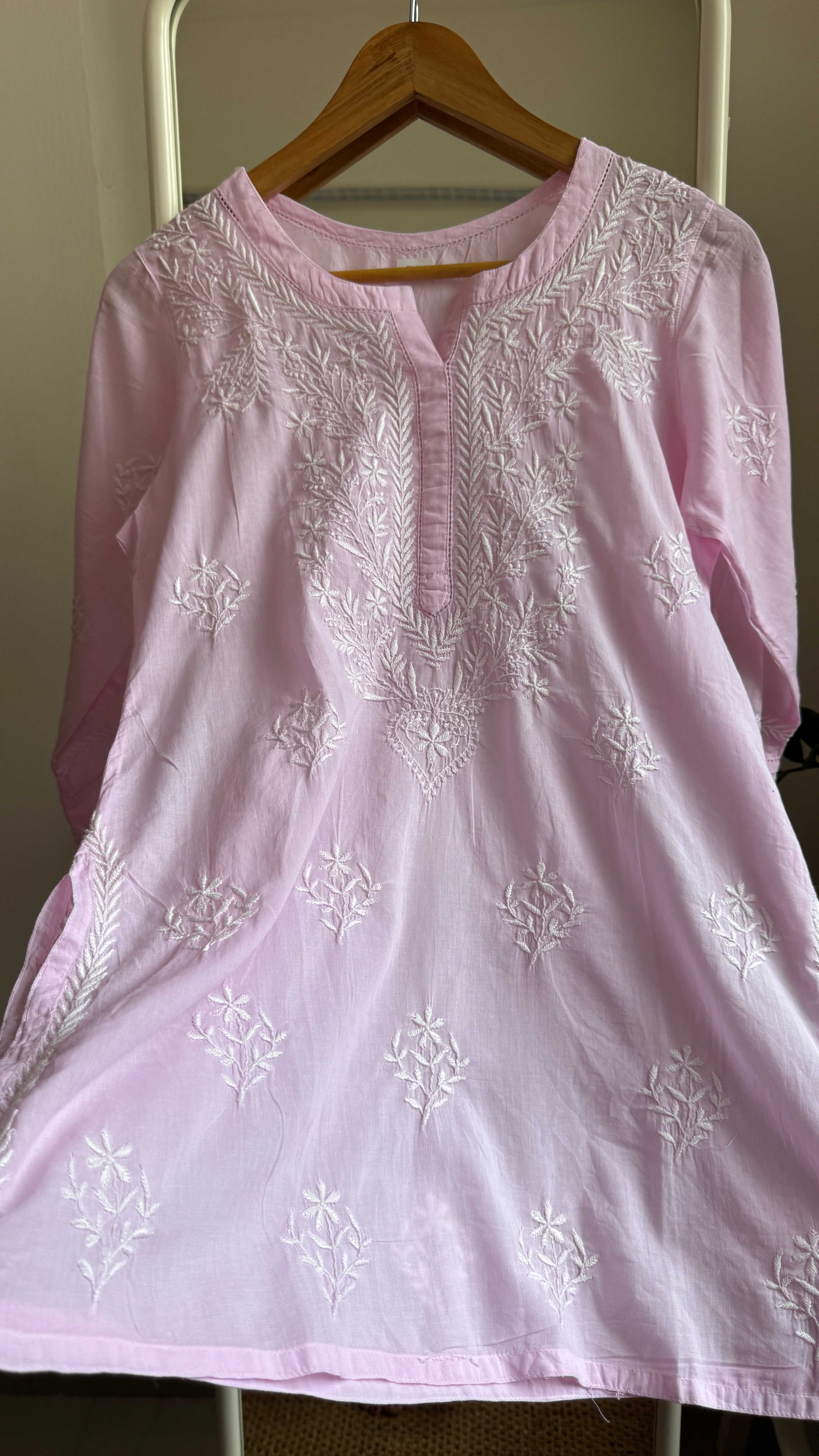 Mul Cotton Chikankari Full sleeves short Top - Pink - ZOYA Collection