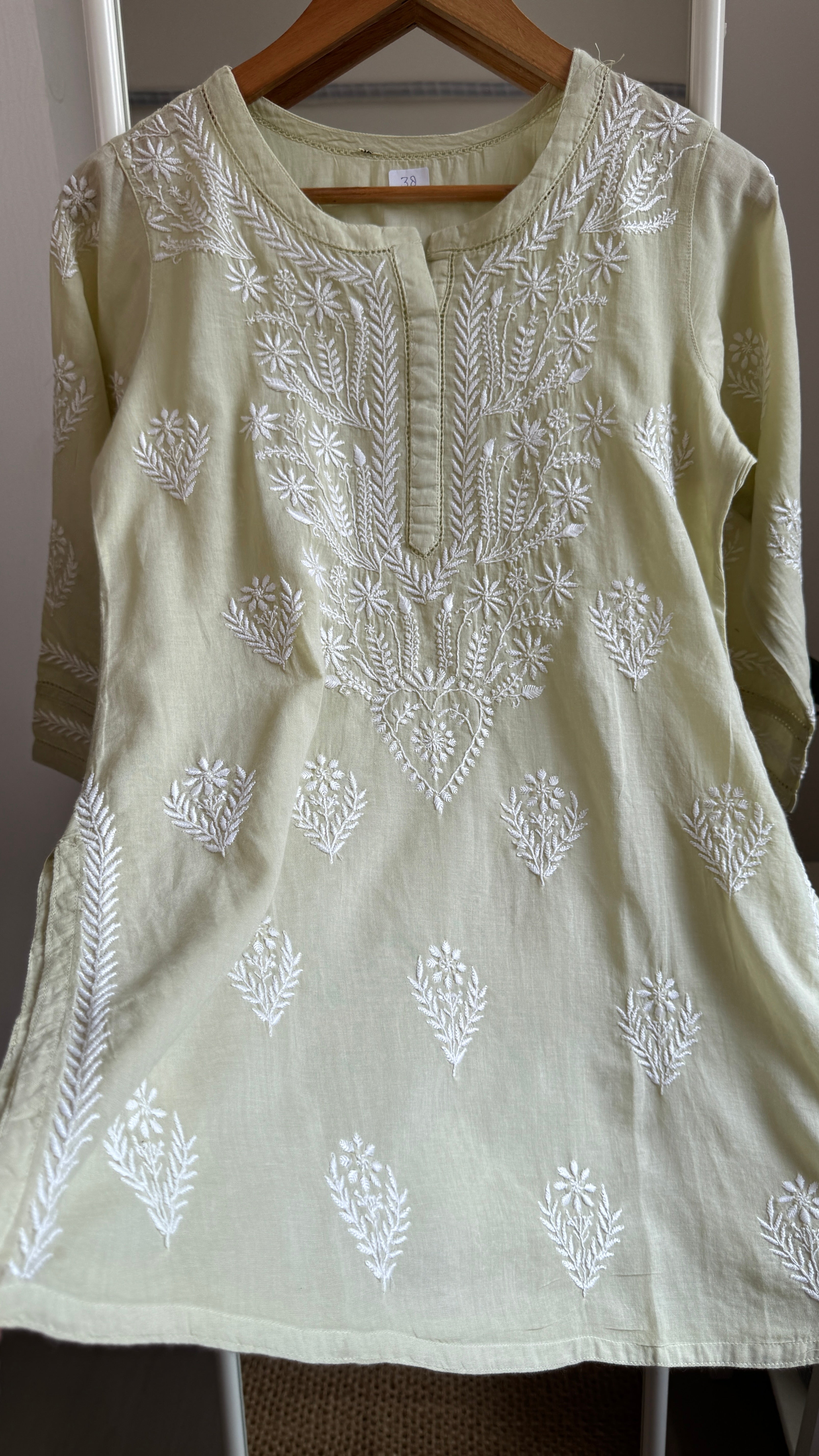Mul Cotton Chikankari Full sleeves short Top - Sheen Green  - ZOYA Collection
