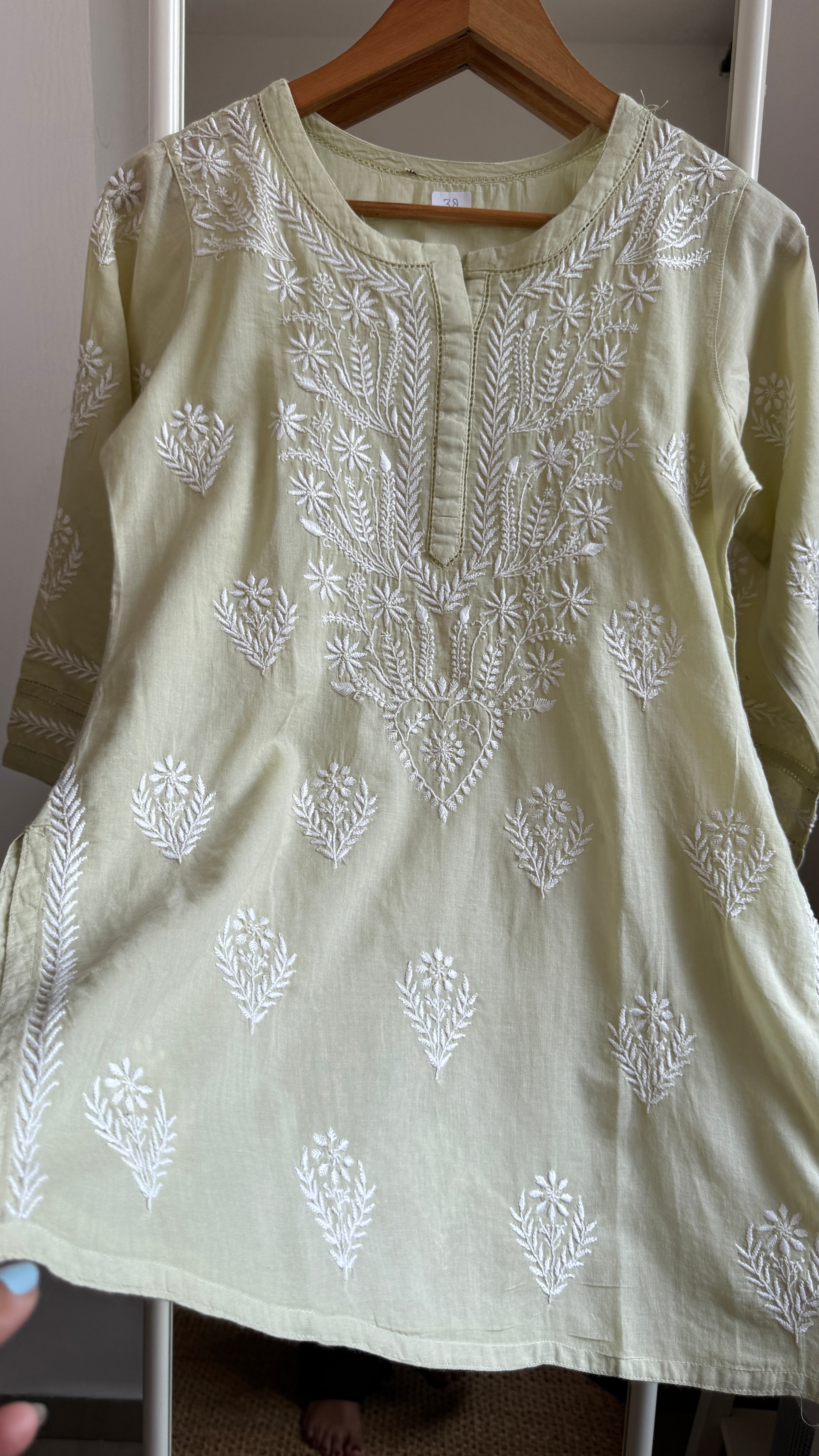 Mul Cotton Chikankari Full sleeves short Top - Sheen Green  - ZOYA Collection