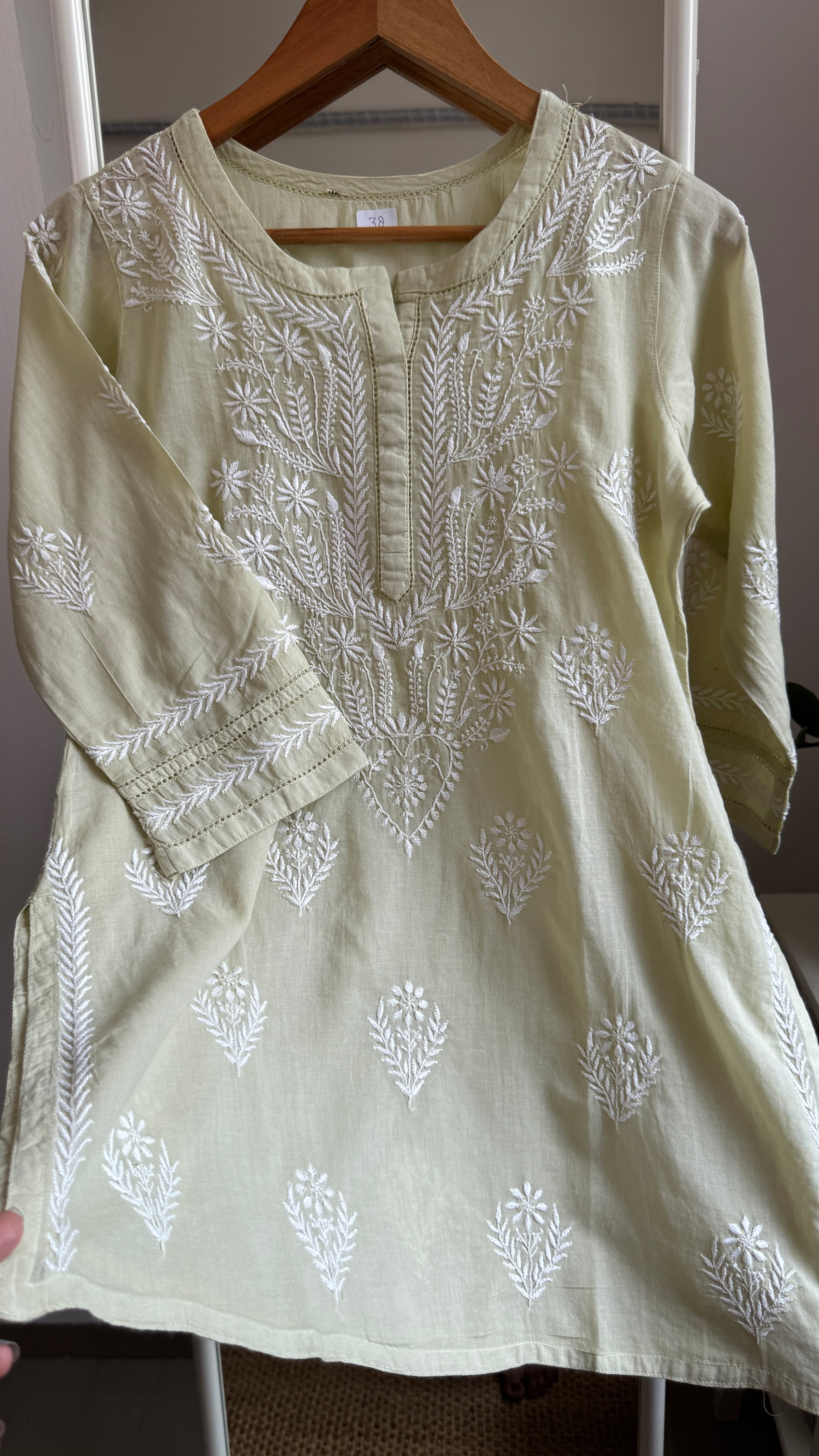 Mul Cotton Chikankari Full sleeves short Top - Sheen Green  - ZOYA Collection