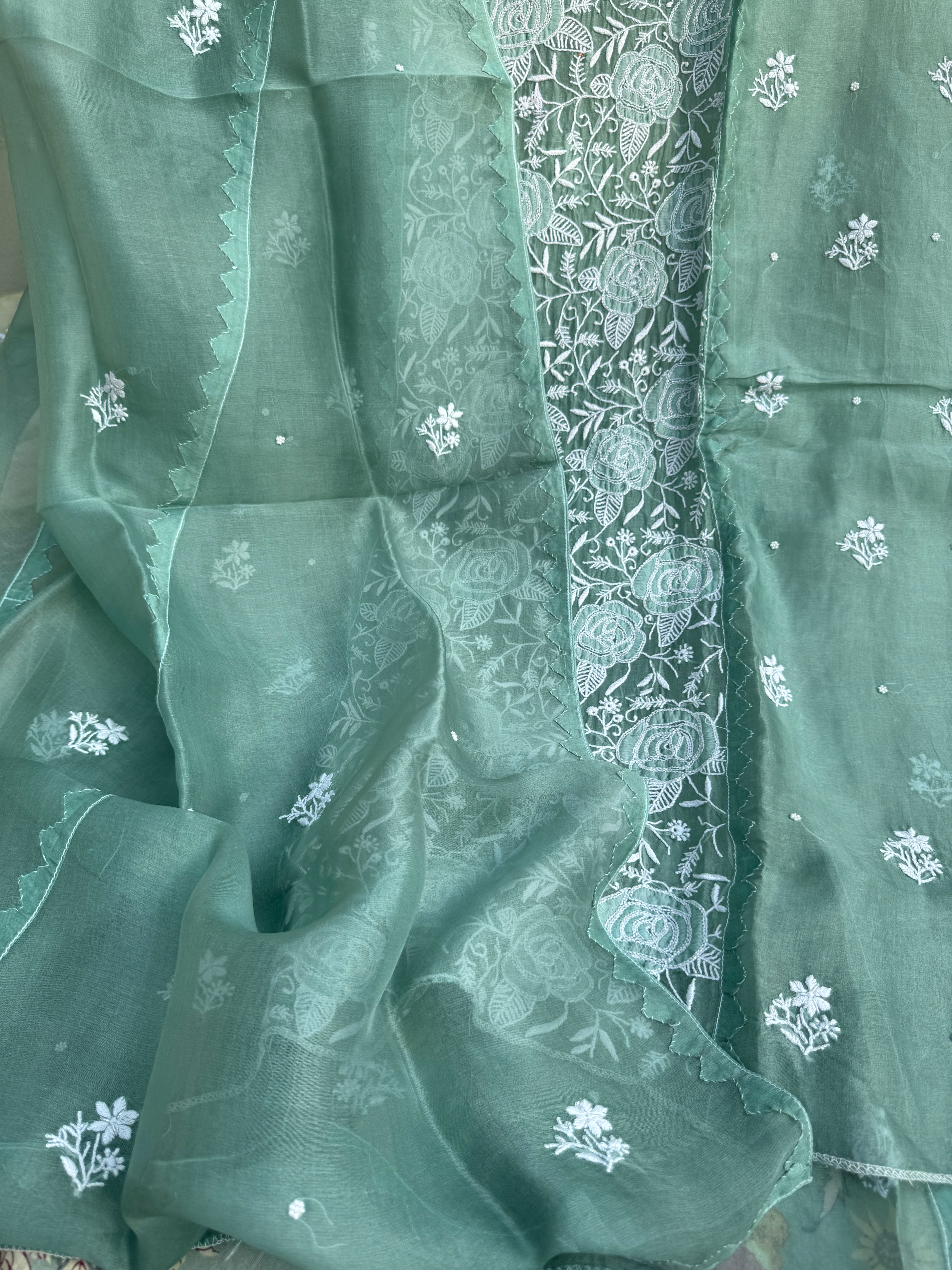 Organza Chikankari Length with Dupatta (Pearl Work) - Green