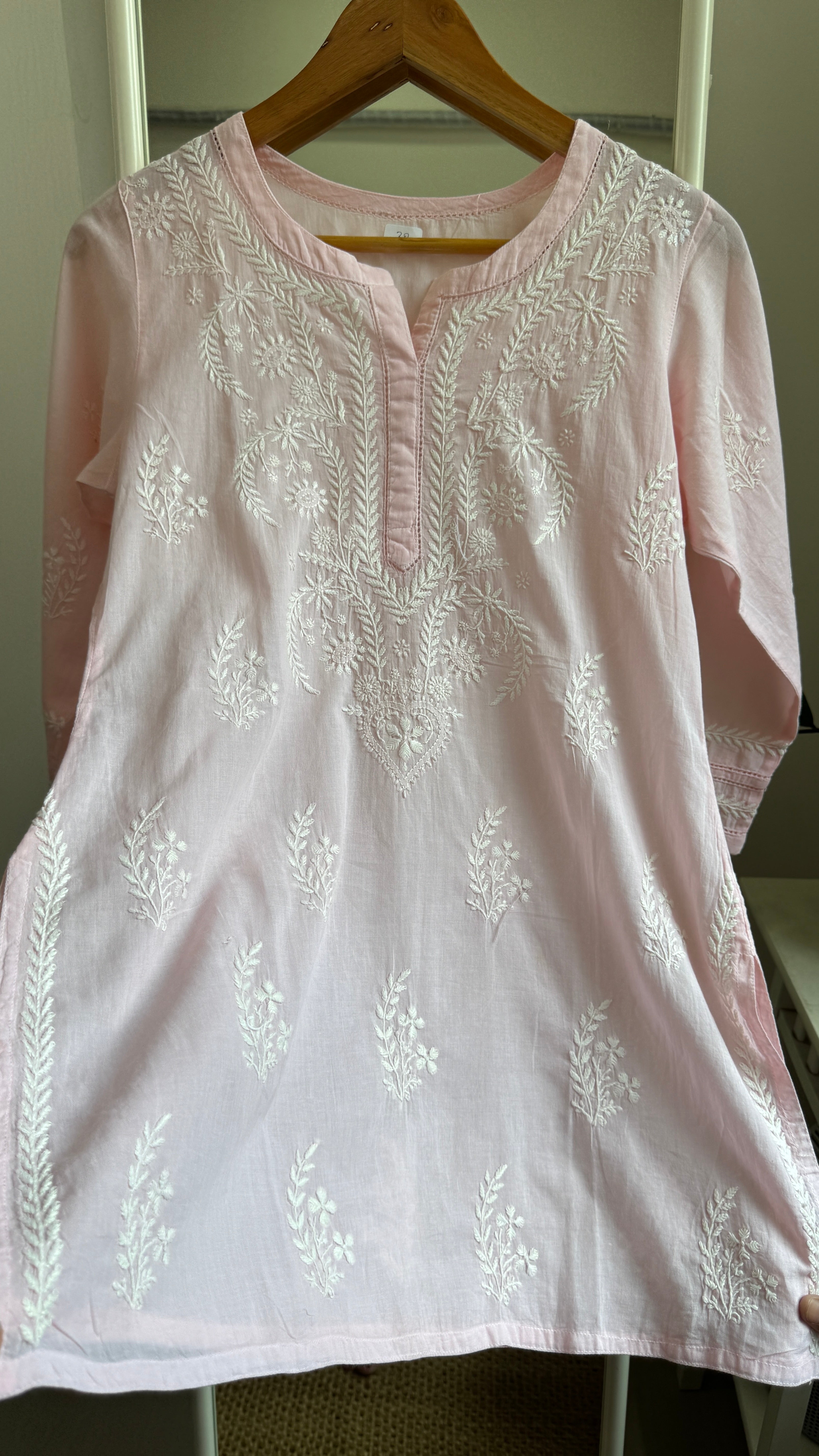 Mul Cotton Chikankari Full sleeves short Top - Pale Pink  - ZOYA Collection