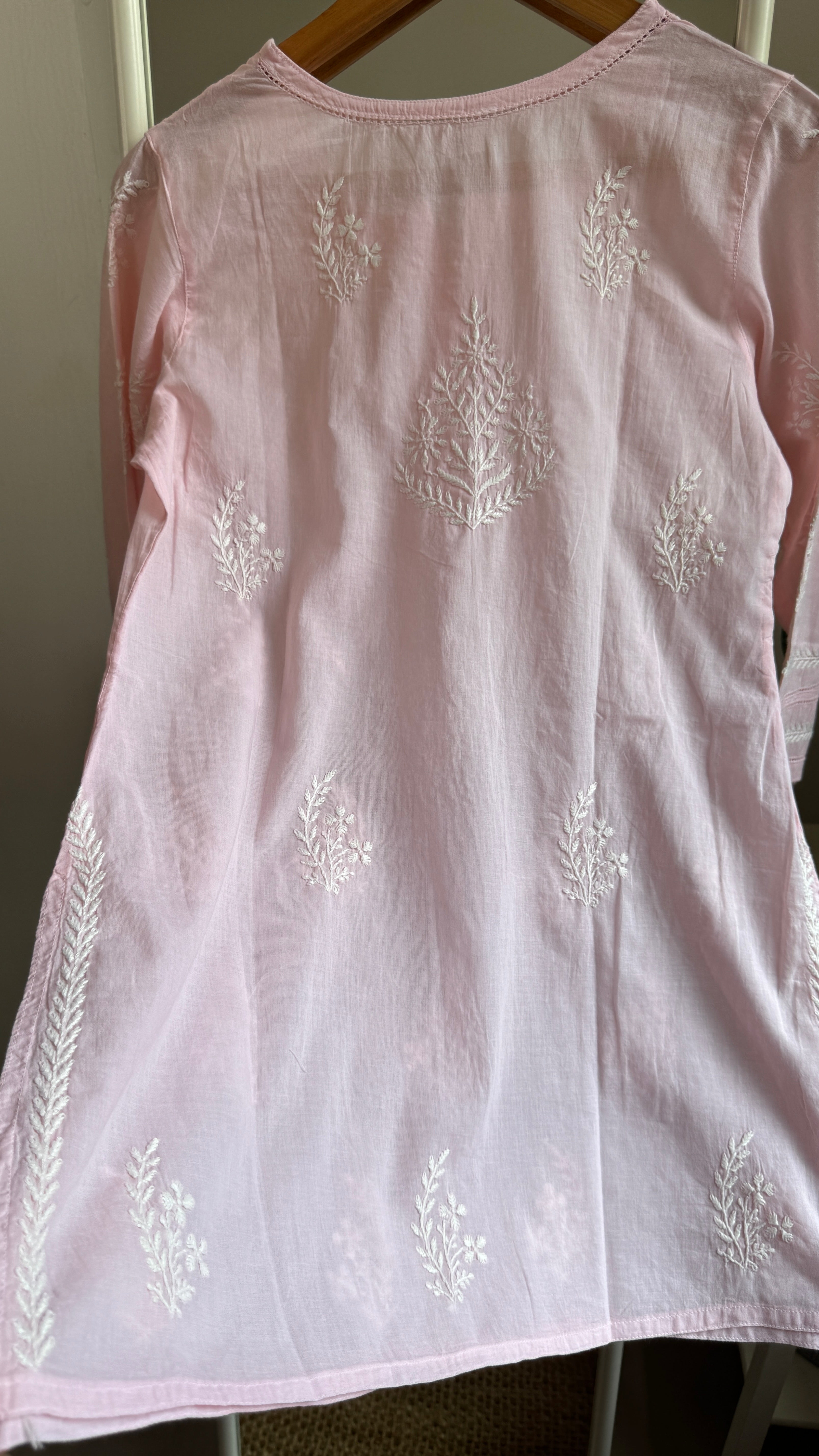 Mul Cotton Chikankari Full sleeves short Top - Pale Pink  - ZOYA Collection