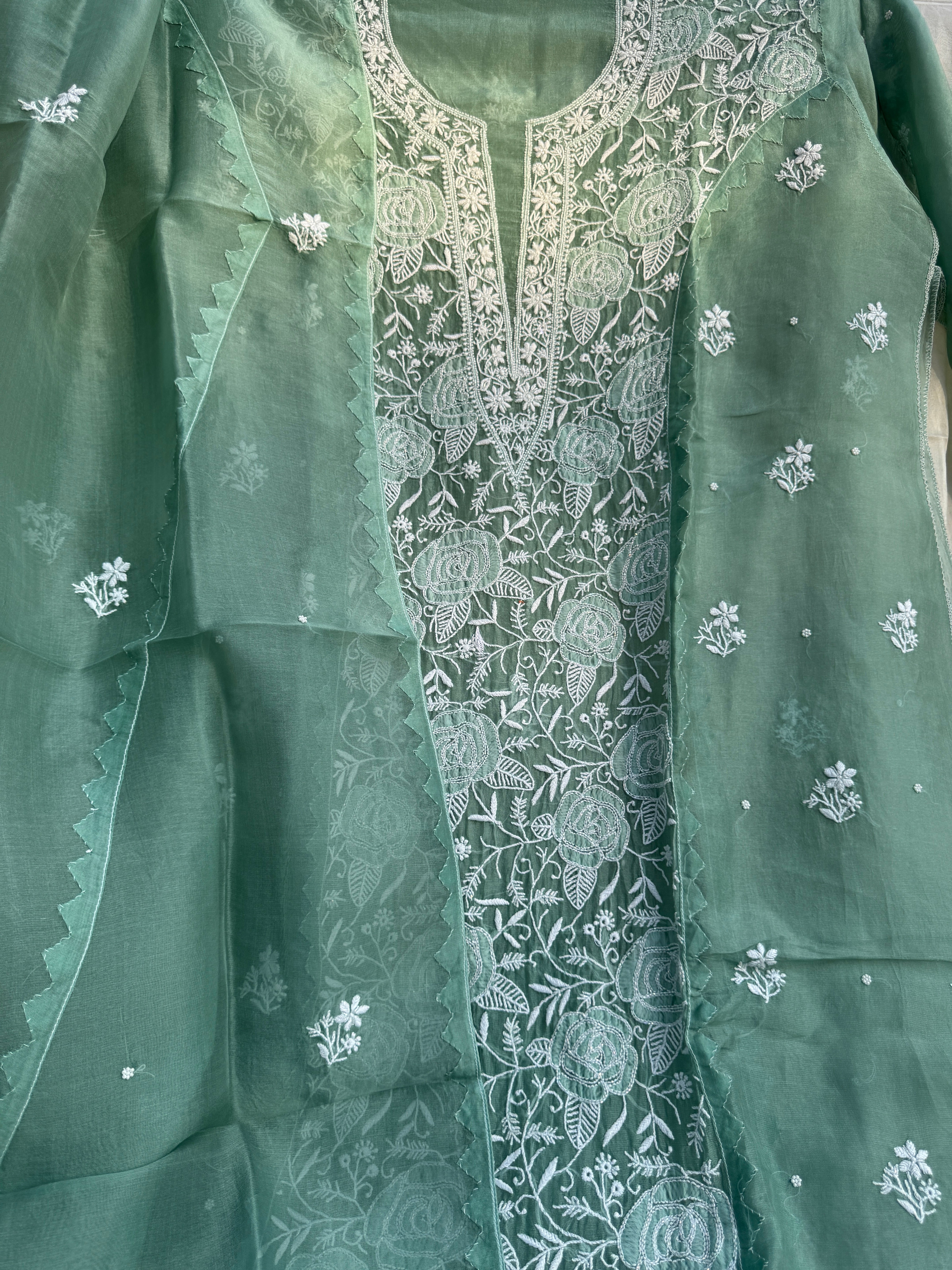 Organza Chikankari Length with Dupatta (Pearl Work) - Green