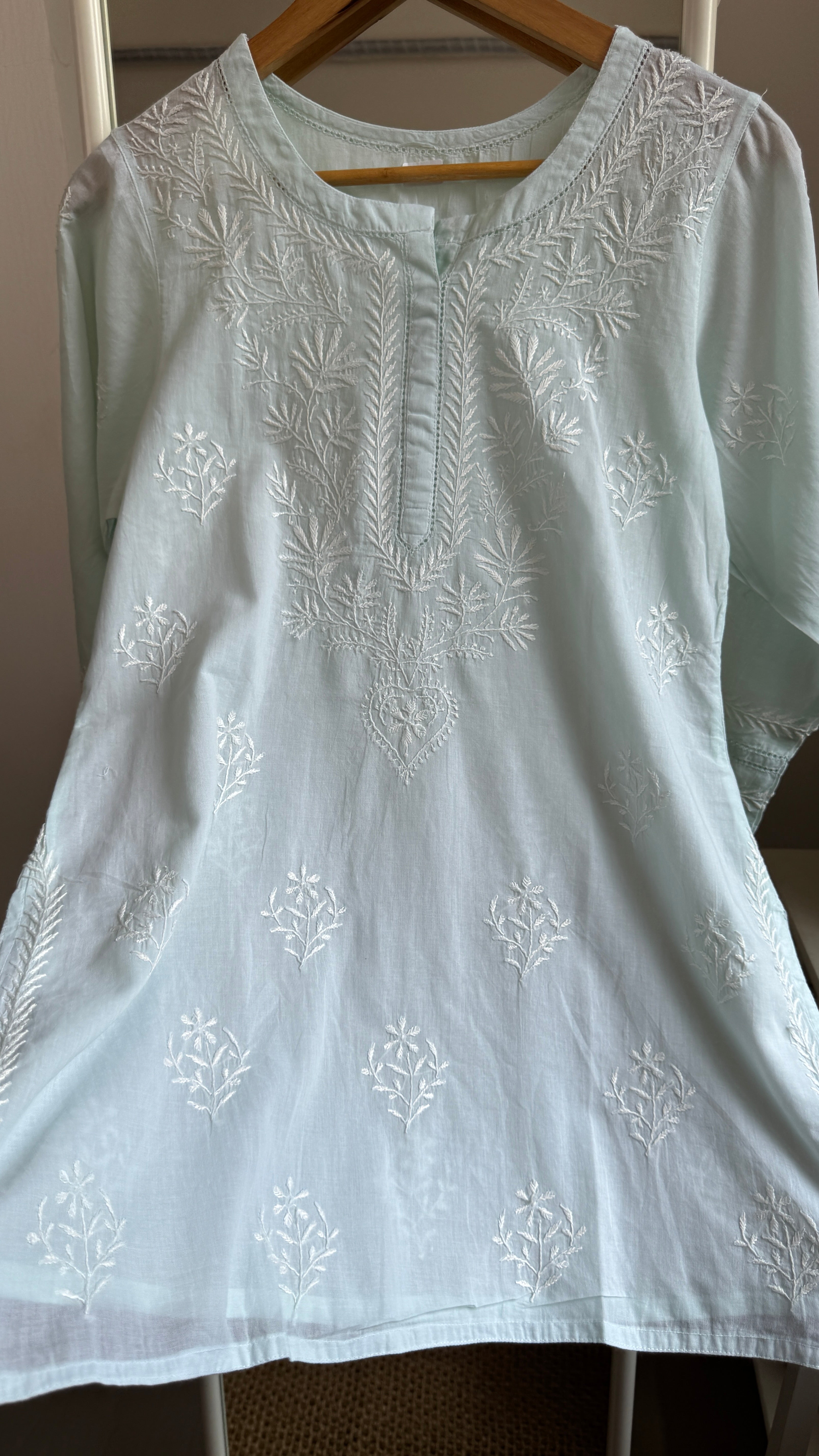 Mul Cotton Chikankari Full sleeves short Top - Green - ZOYA Collection