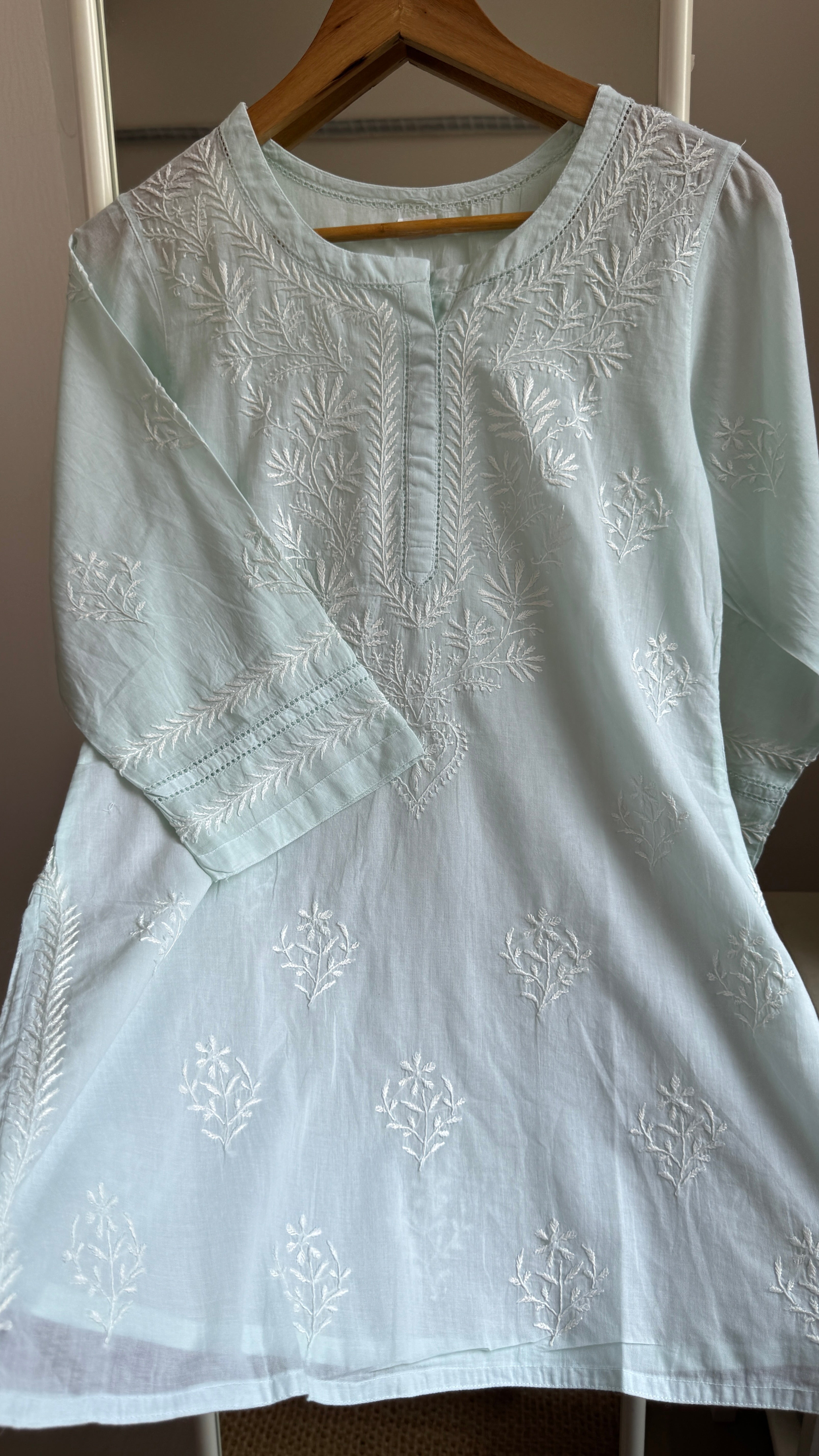 Mul Cotton Chikankari Full sleeves short Top - Green - ZOYA Collection
