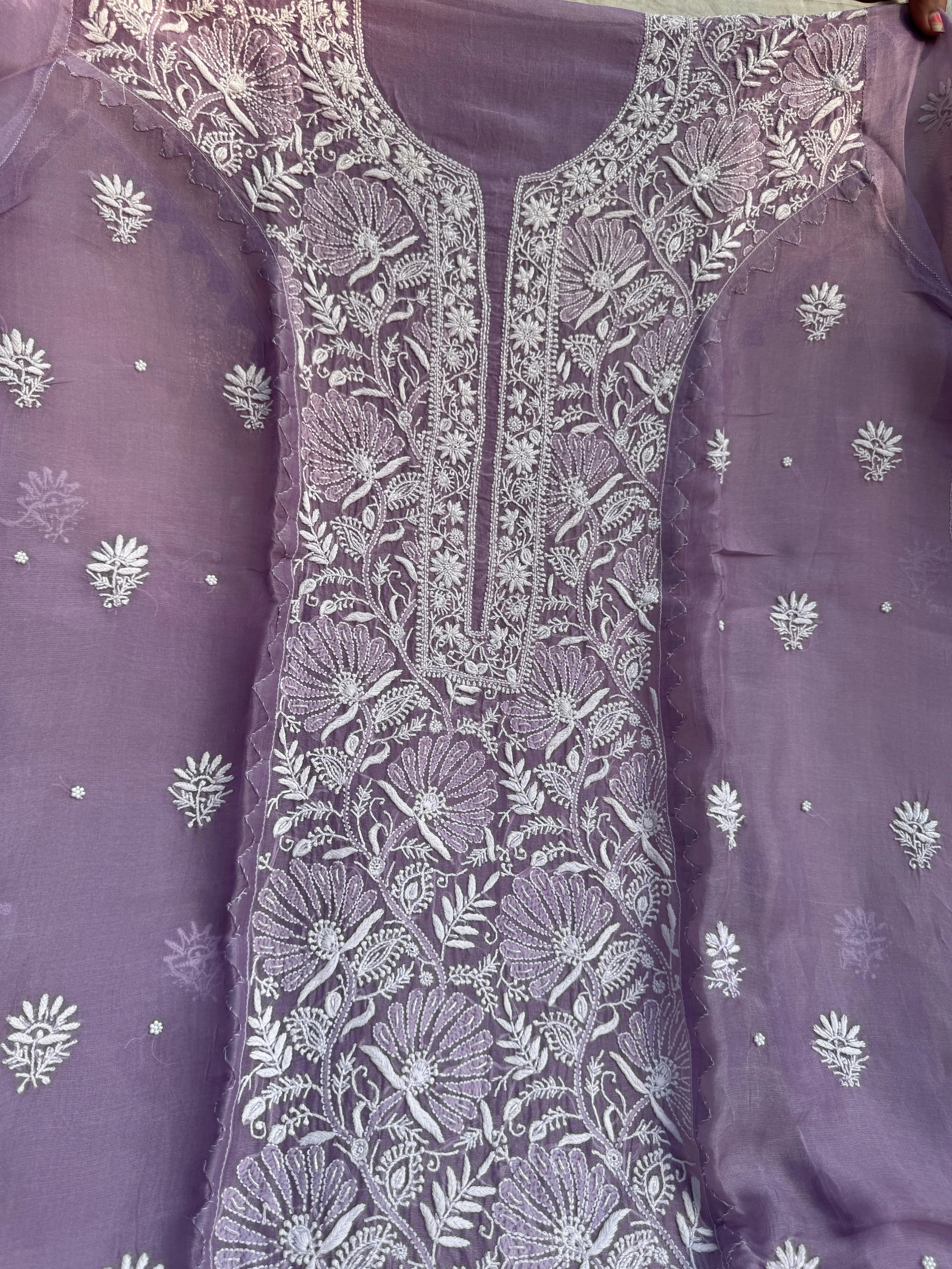 Organza Chikankari Length with Dupatta (Pearl Work) - Lavander ARIAA CHIKANKARI 