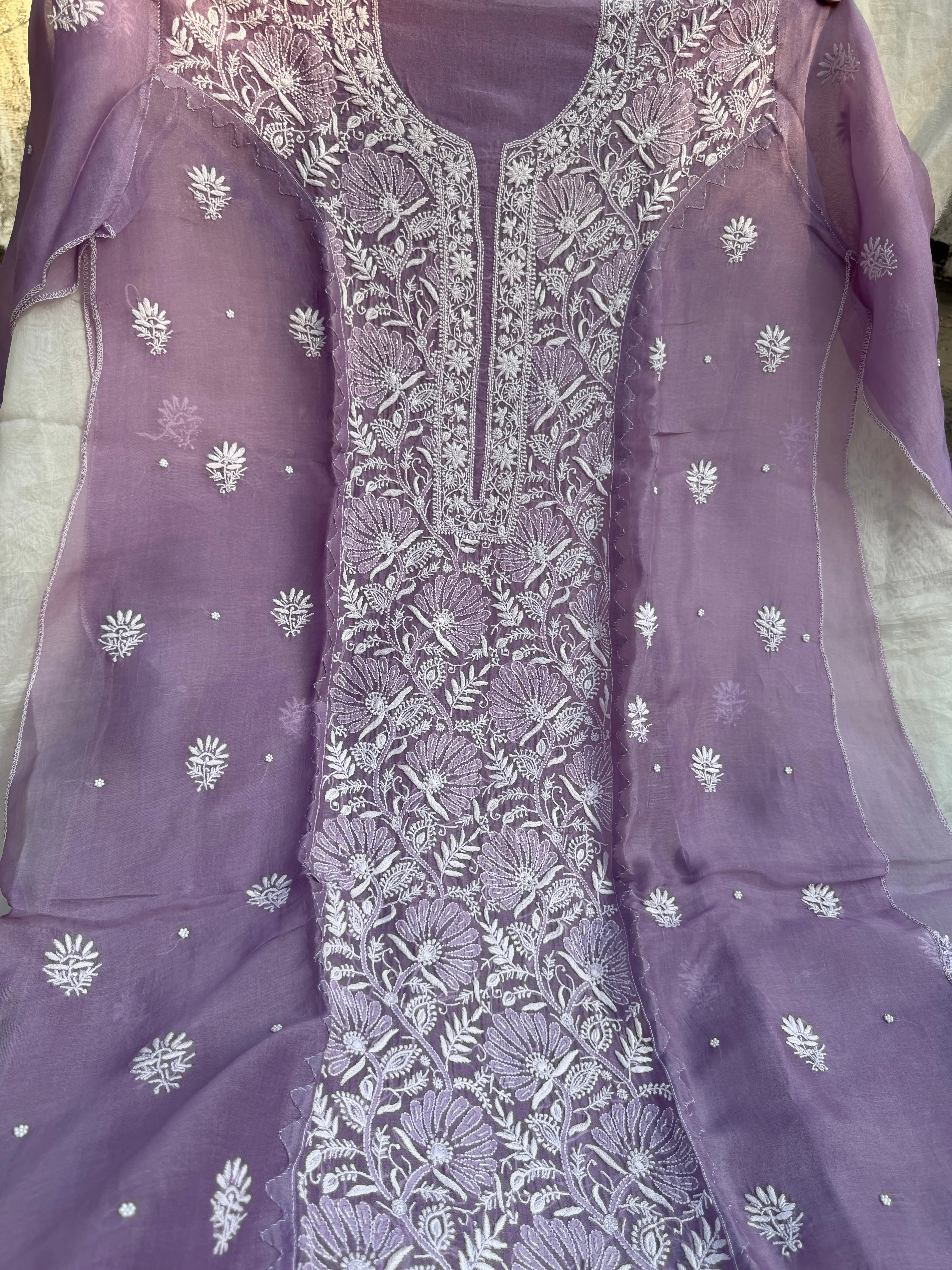 Organza Chikankari Length with Dupatta (Pearl Work) - Lavander ARIAA CHIKANKARI 