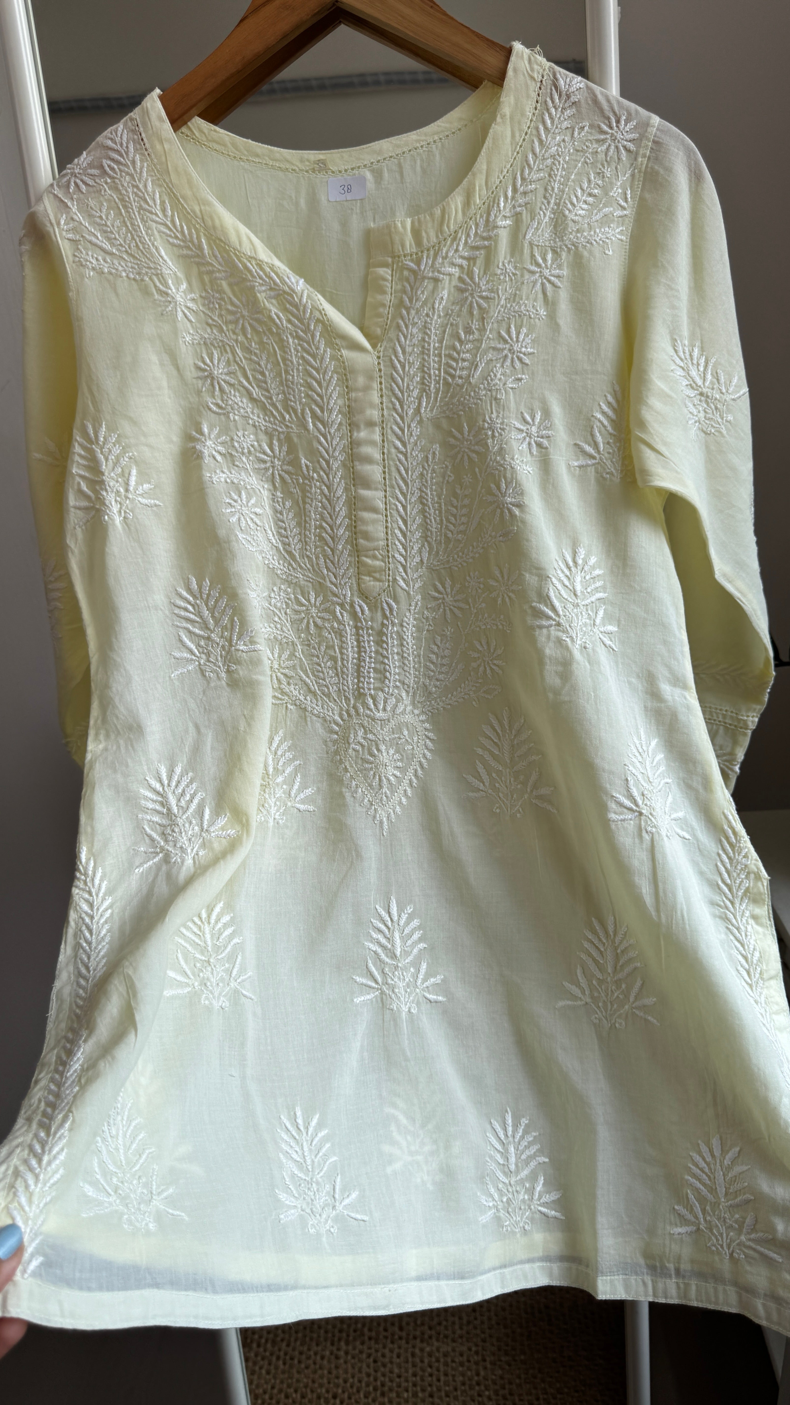 Mul Cotton Chikankari Full sleeves short Top - Lemon Yellow - ZOYA Collection