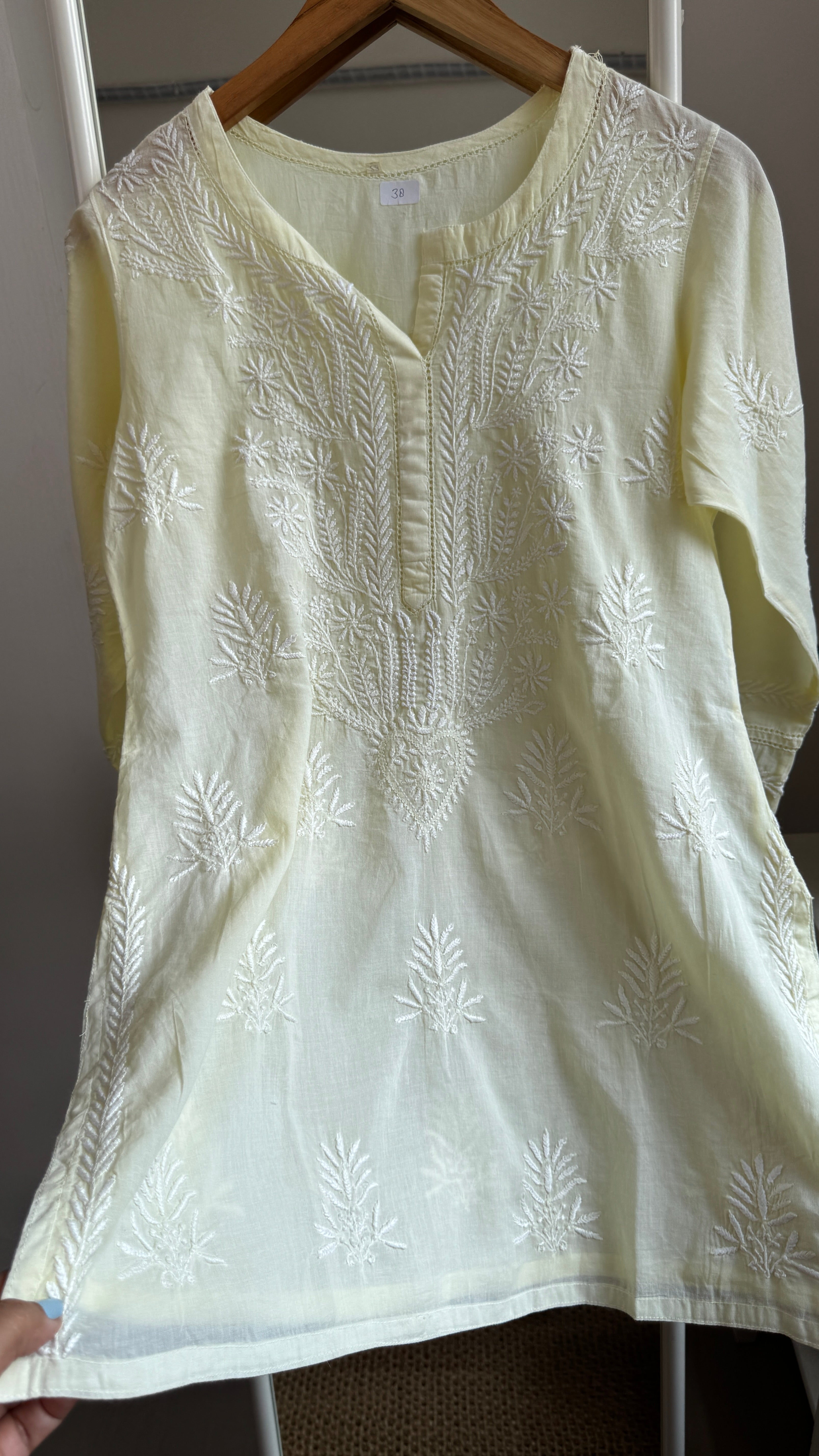 Mul Cotton Chikankari Full sleeves short Top - Lemon Yellow - ZOYA Collection