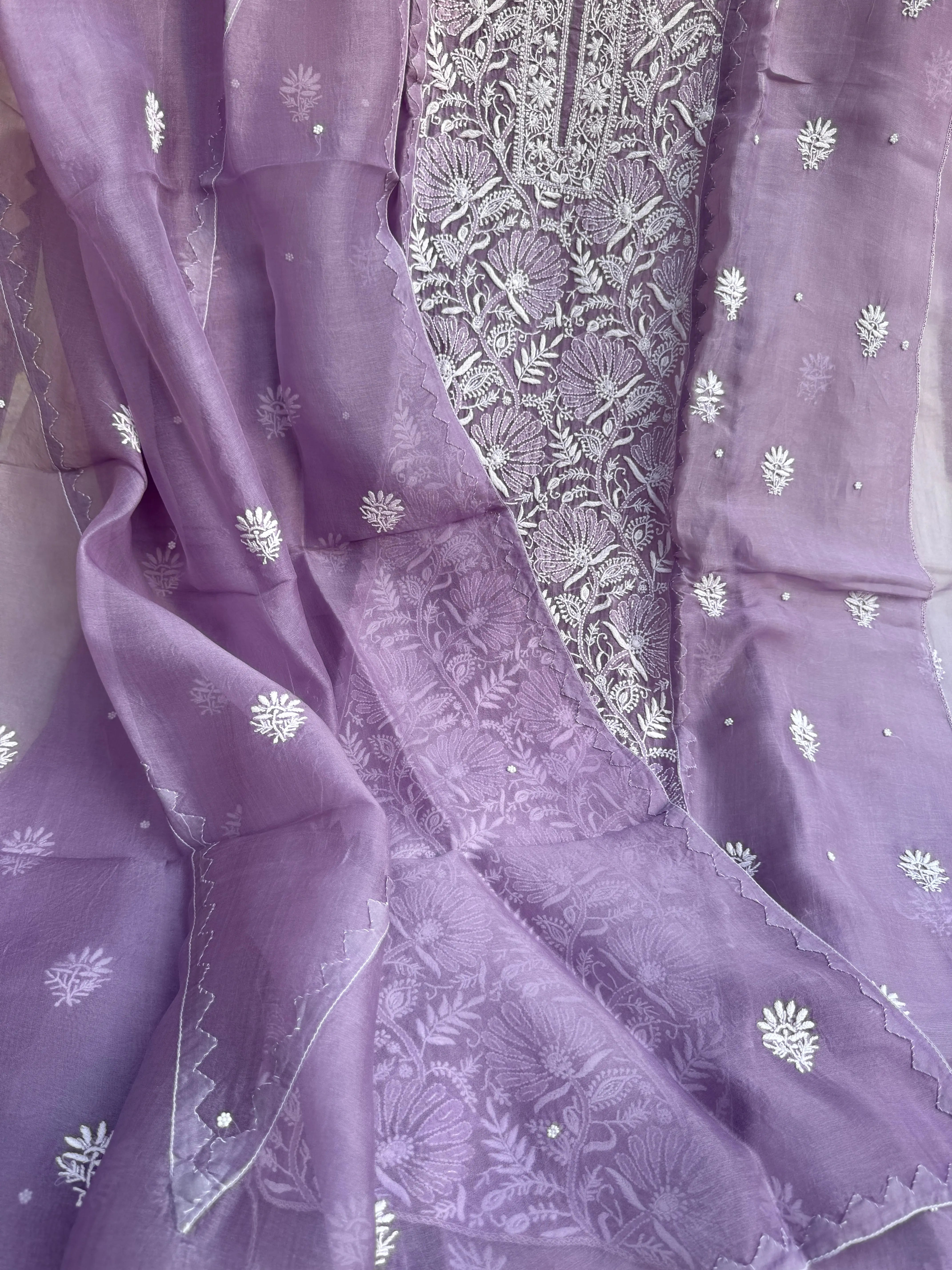 Organza Chikankari Length with Dupatta (Pearl Work) - Lavander ARIAA CHIKANKARI 