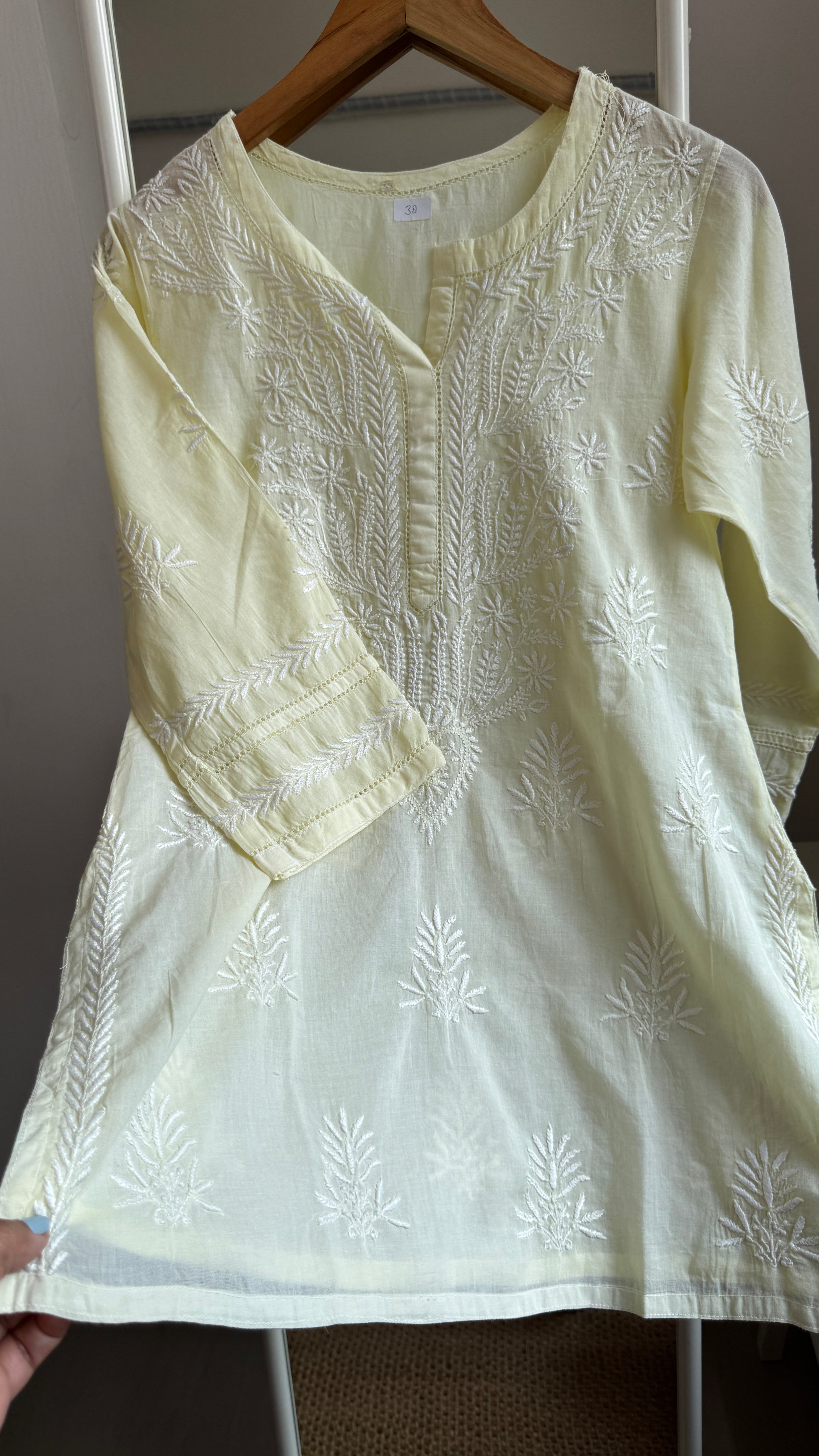 Mul Cotton Chikankari Full sleeves short Top - Lemon Yellow - ZOYA Collection