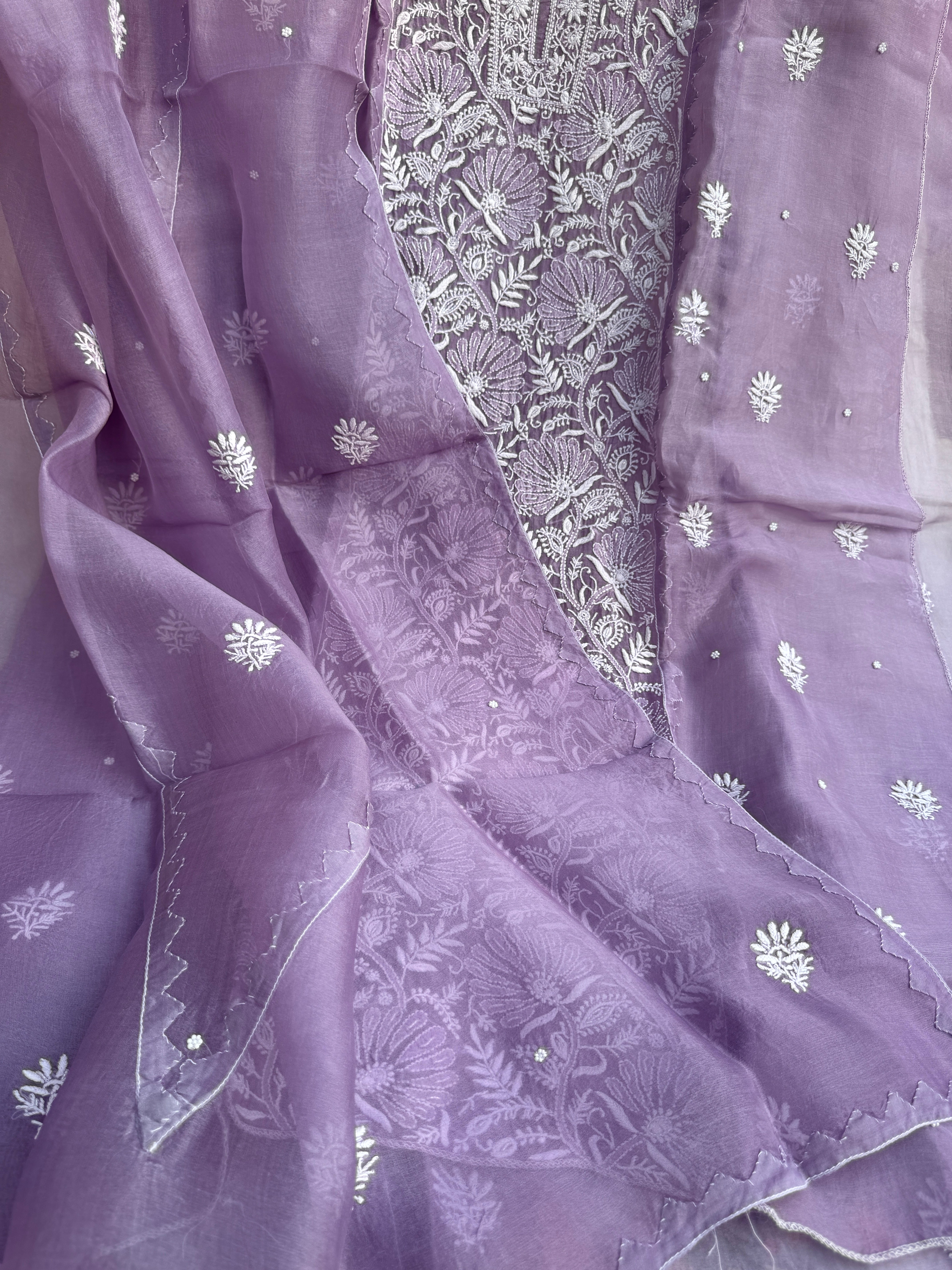 Organza Chikankari Length with Dupatta (Pearl Work) - Lavander