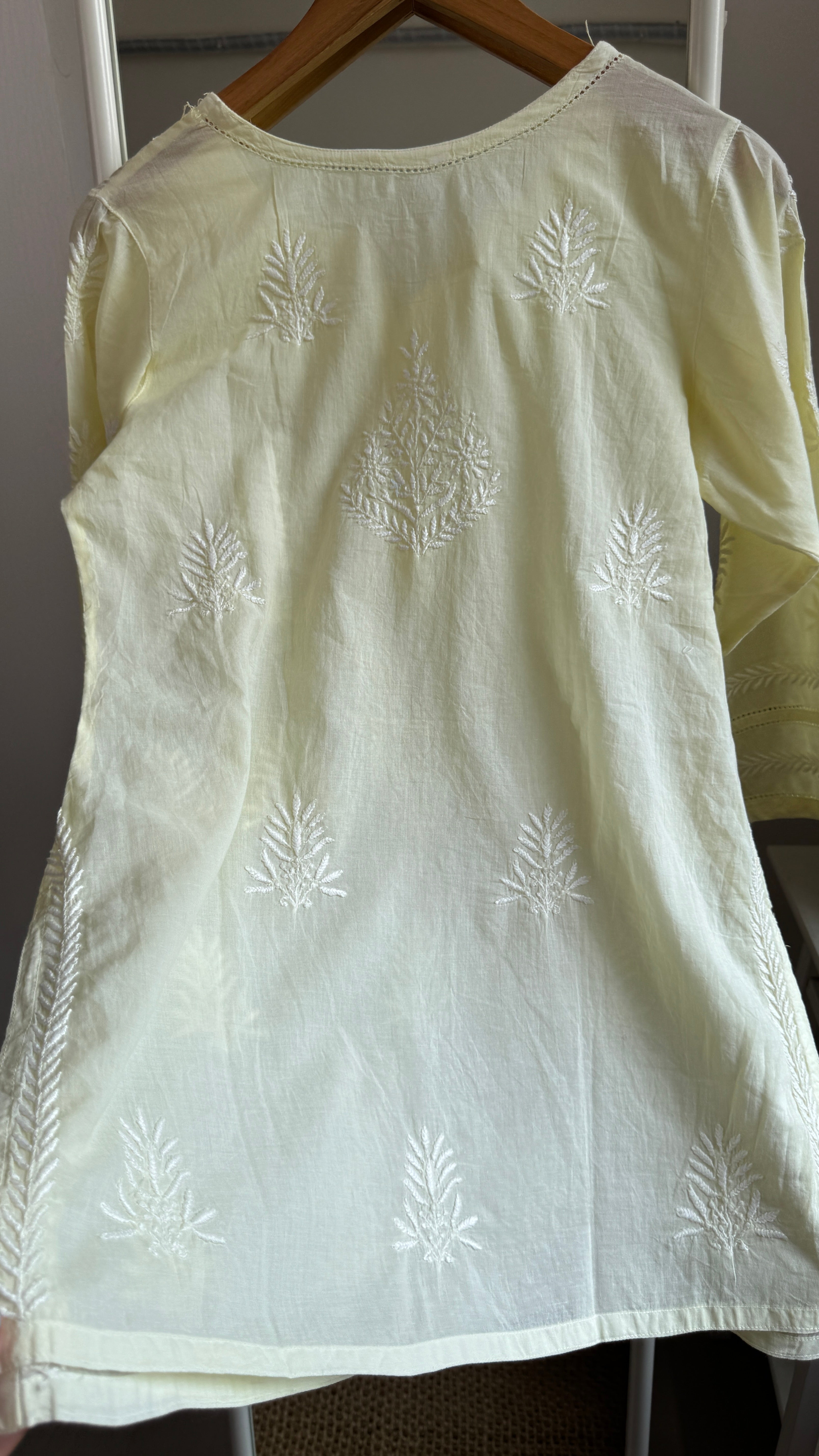 Mul Cotton Chikankari Full sleeves short Top - Lemon Yellow - ZOYA Collection