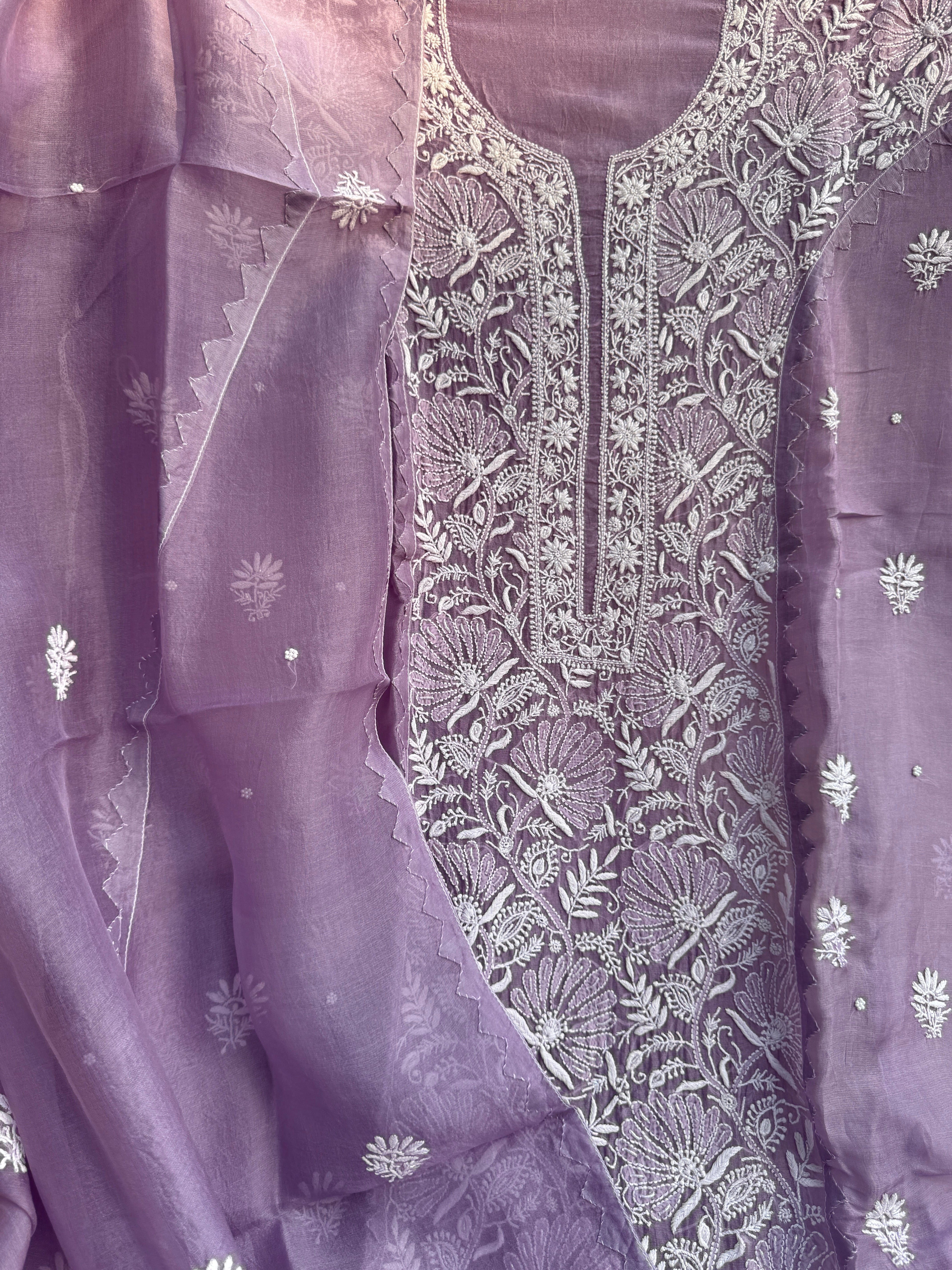 Organza Chikankari Length with Dupatta (Pearl Work) - Lavander
