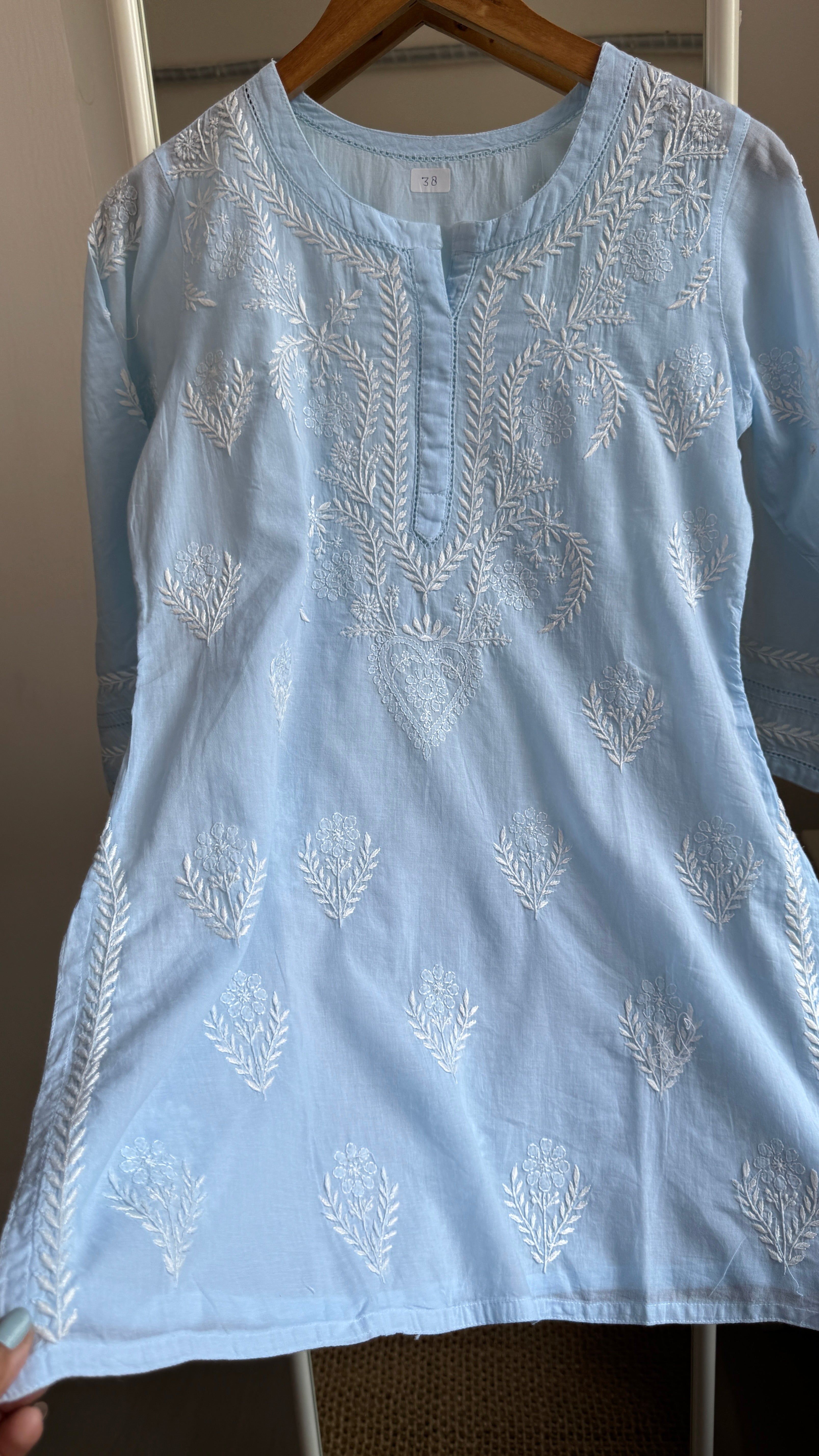 Mul Cotton Chikankari Full sleeves short Top - Blue - ZOYA Collection