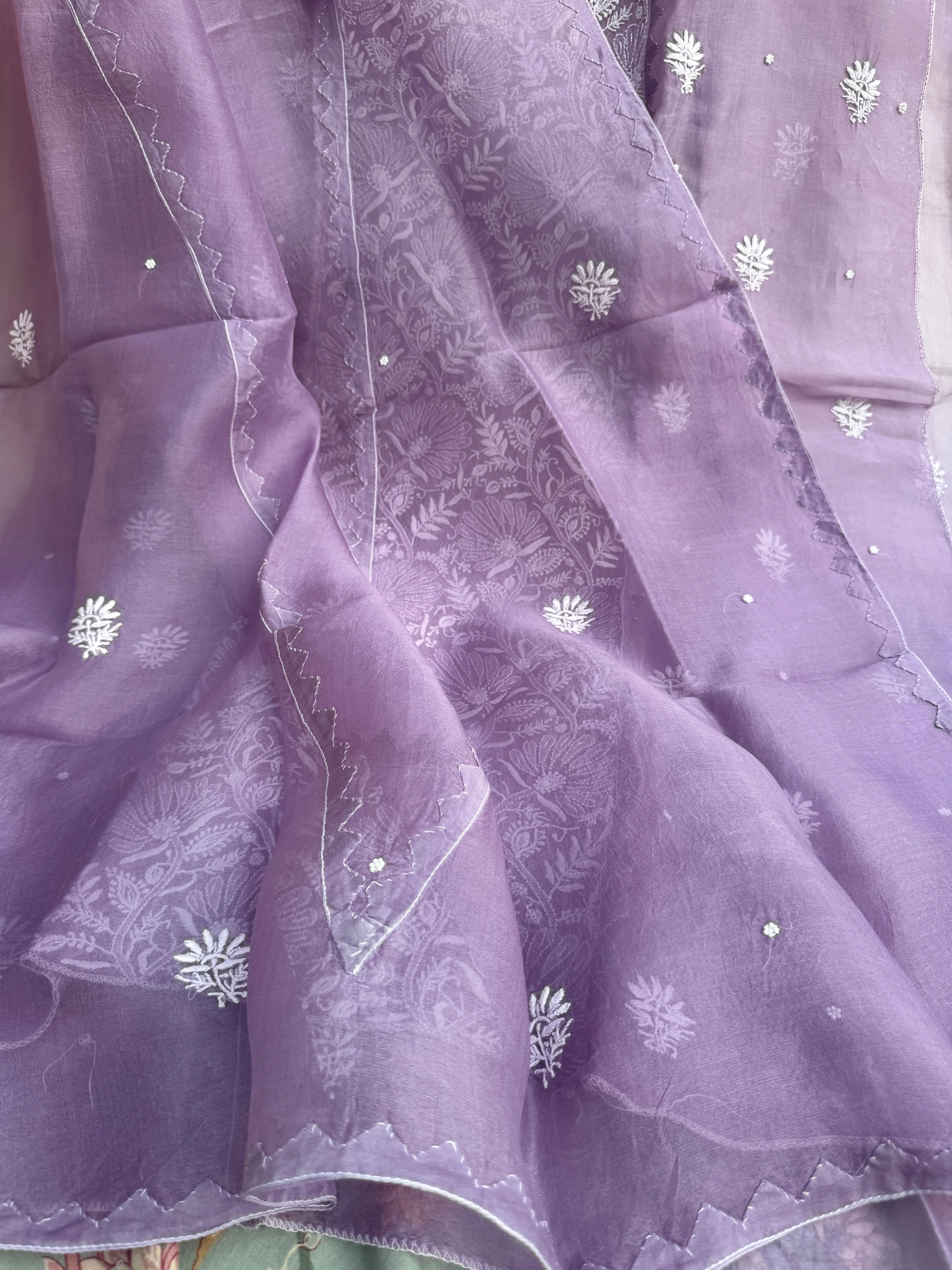 Organza Chikankari Length with Dupatta (Pearl Work) - Lavander ARIAA CHIKANKARI 